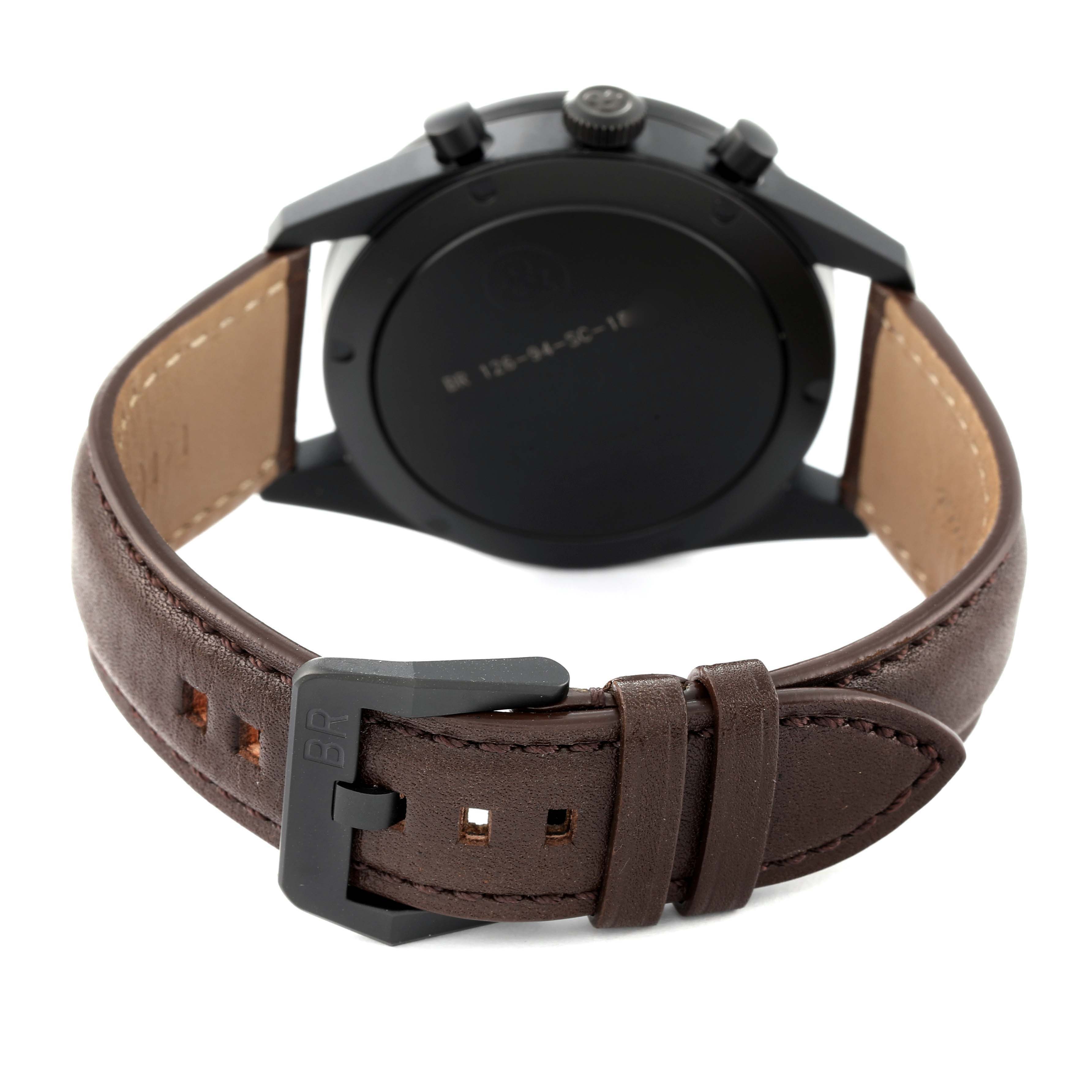 This image shows the back of a Bell & Ross Heritage BRV126-94-SC Men's Stainless Steel Black Dial BRV126-94-SC Men's Stainless Steel Black Dial model watch, highlighting the brown leather strap and buckle.