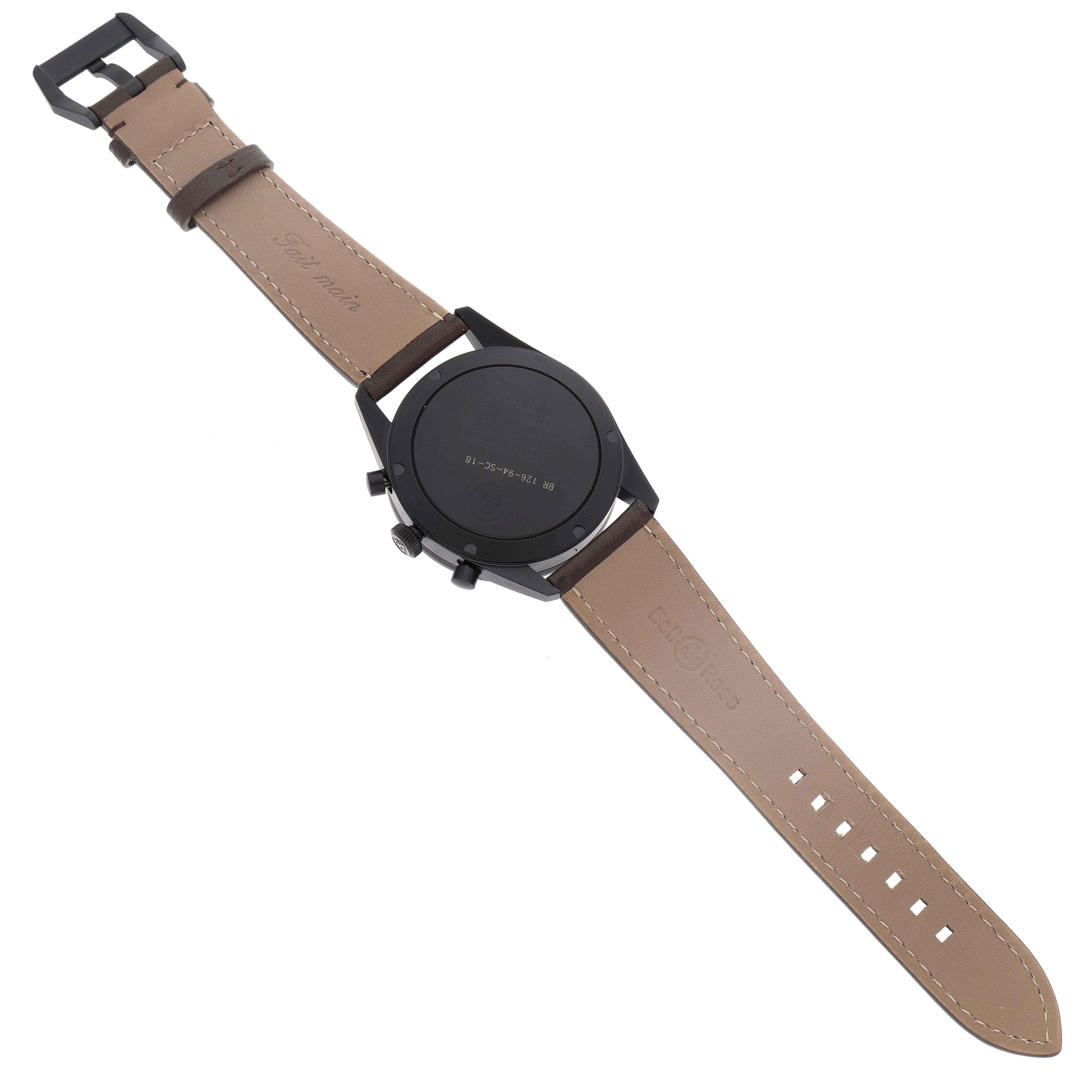 This image shows the back view of the Bell & Ross Heritage BRV126-94-SC Men's Stainless Steel Black Dial BRV126-94-SC Men's Stainless Steel Black Dial model watch with both leather straps visible.