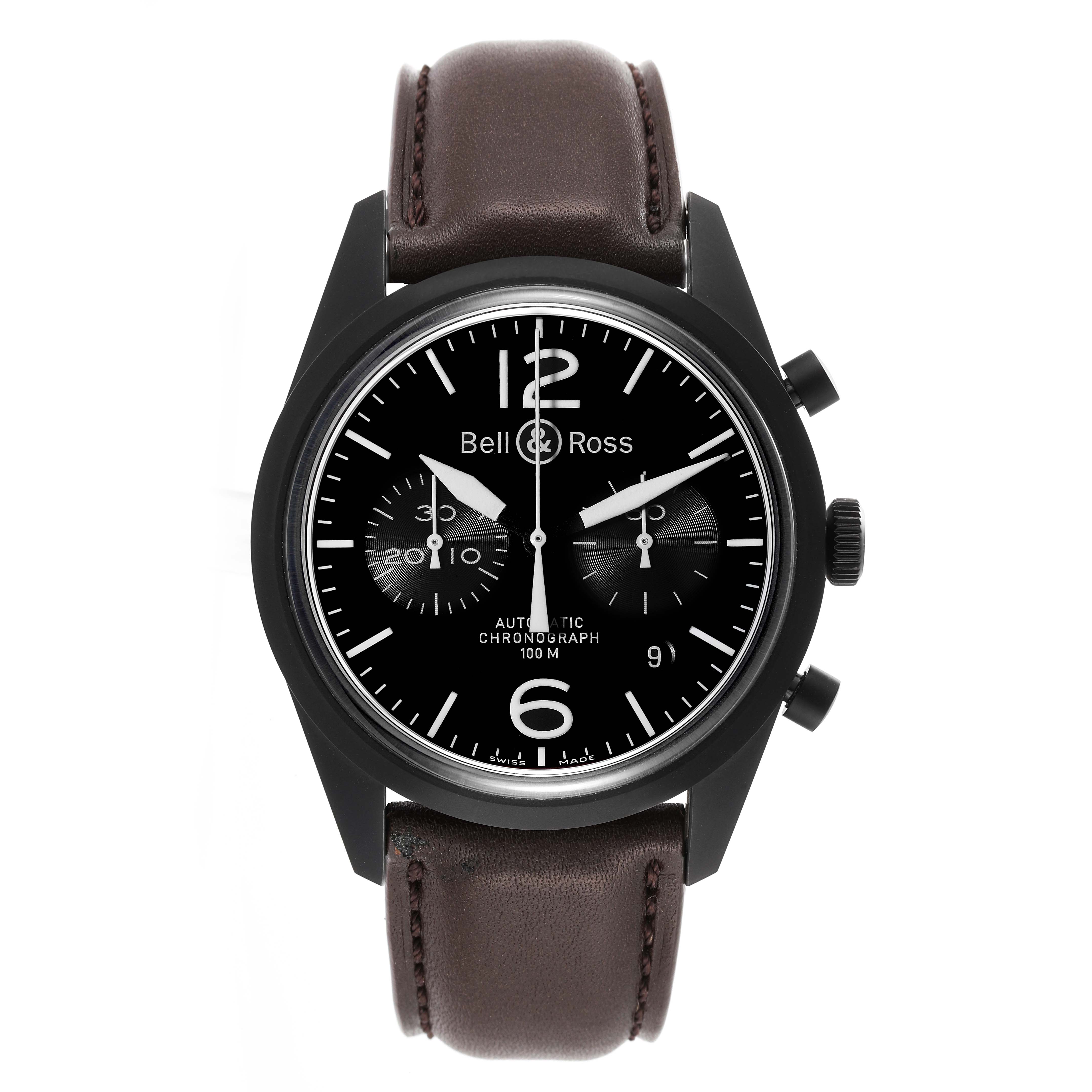 The image shows a front view of a Bell & Ross Heritage BRV126-94-SC Men's Stainless Steel Black Dial BRV126-94-SC Men's Stainless Steel Black Dial model watch, highlighting its black dial and brown leather strap.