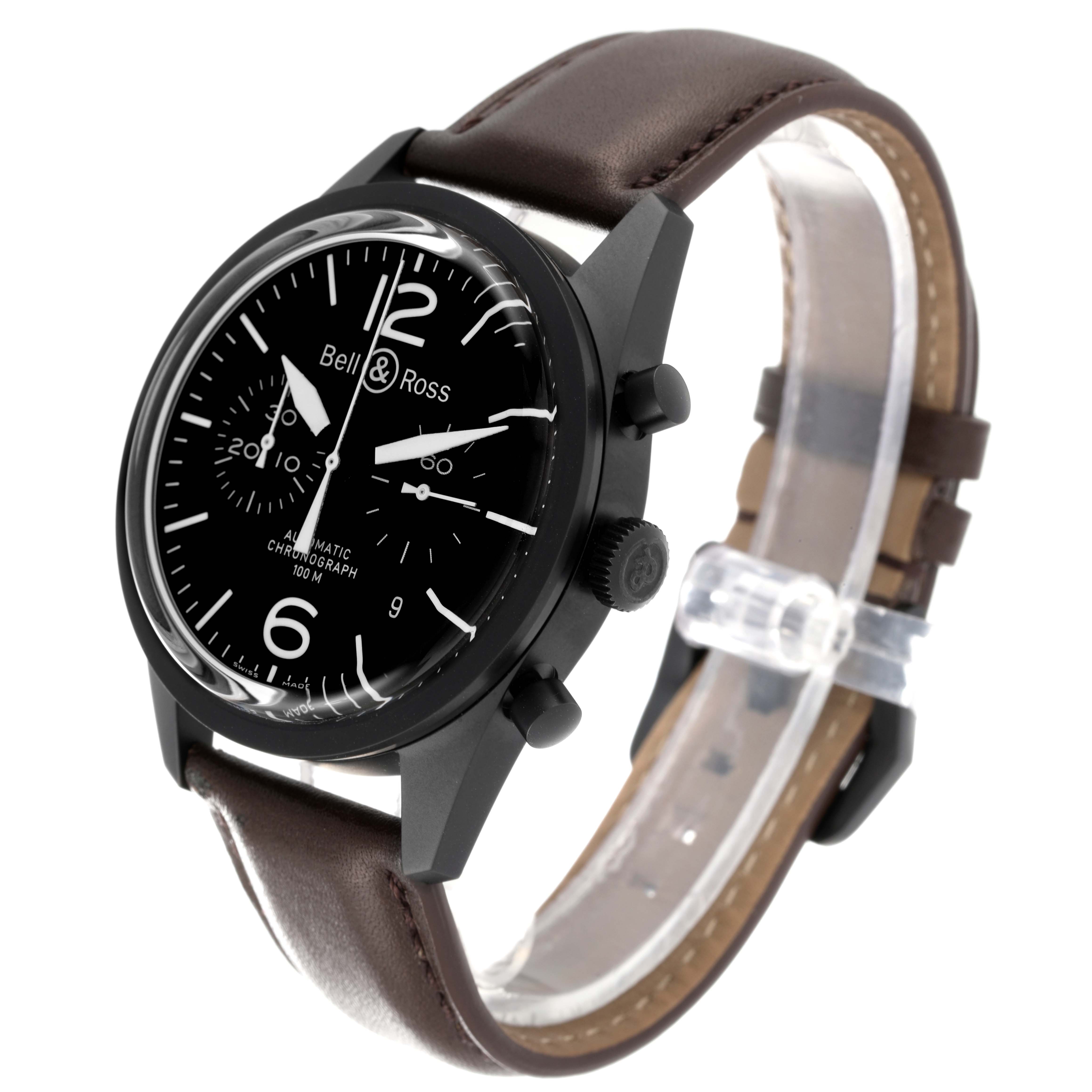 The image shows a Bell & Ross Heritage BRV126-94-SC Men's Stainless Steel Black Dial BRV126-94-SC Men's Stainless Steel Black Dial model watch at a three-quarter angle highlighting its black dial and brown leather strap.