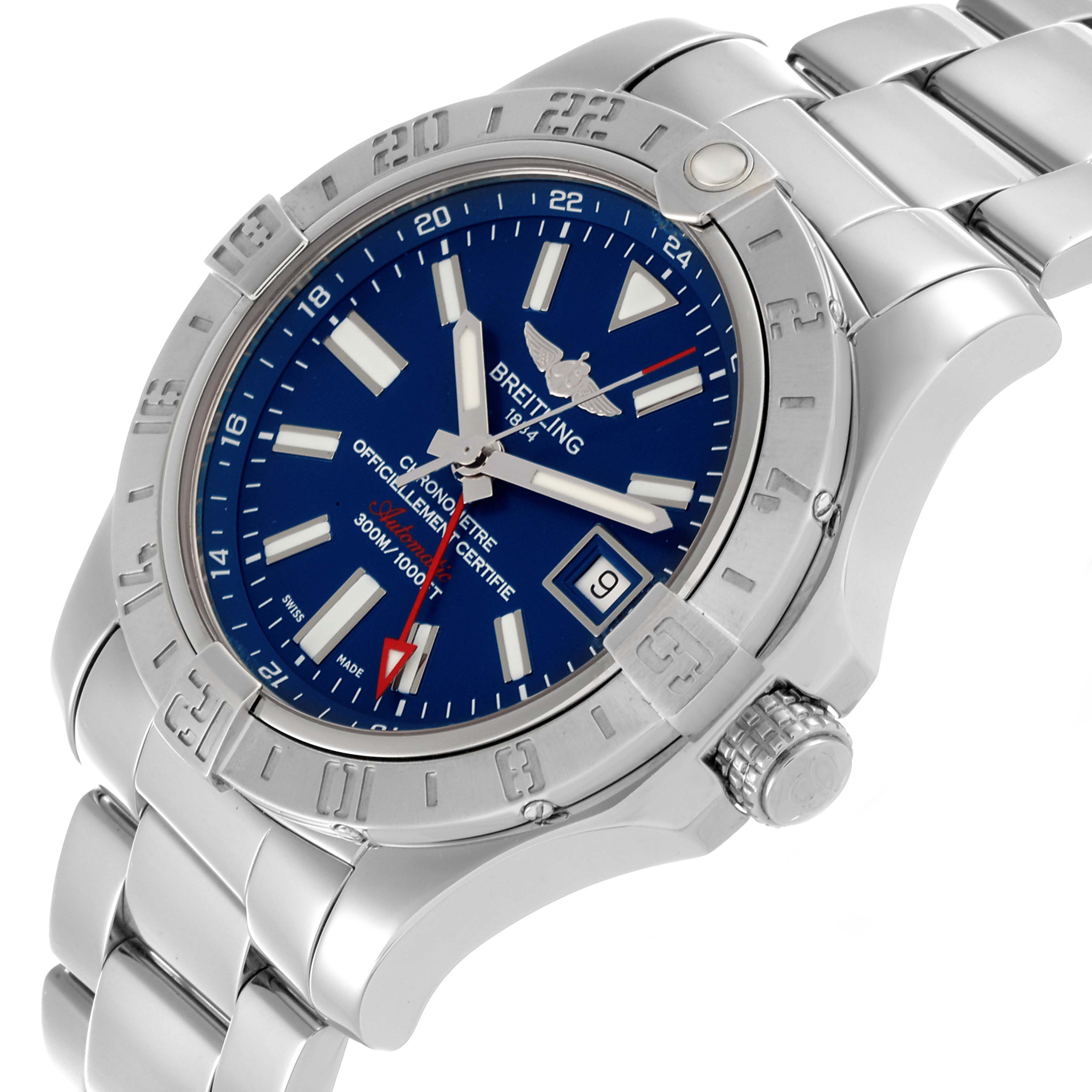 The Breitling Avenger A3239011/C872 Men's Stainless Steel Blue Dial A3239011/C872 Men's Stainless Steel Blue Dial watch is shown from a three-quarter angle highlighting the dial, bezel, and bracelet.