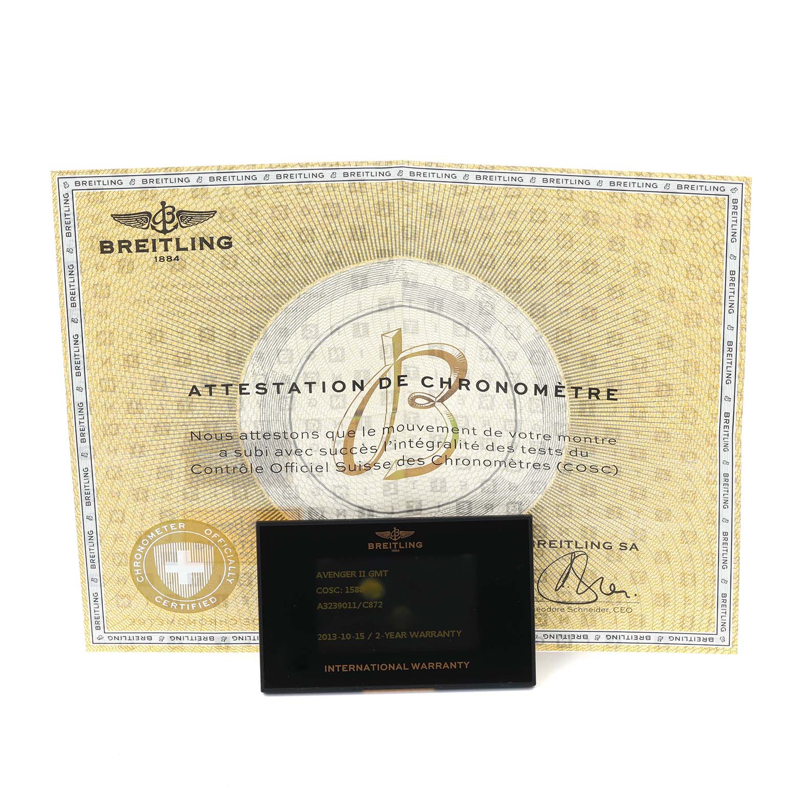 The image shows a certificate and warranty card for a Breitling Avenger A3239011/C872 Men's Stainless Steel Blue Dial A3239011/C872 Men's Stainless Steel Blue Dial, with no watch visible.