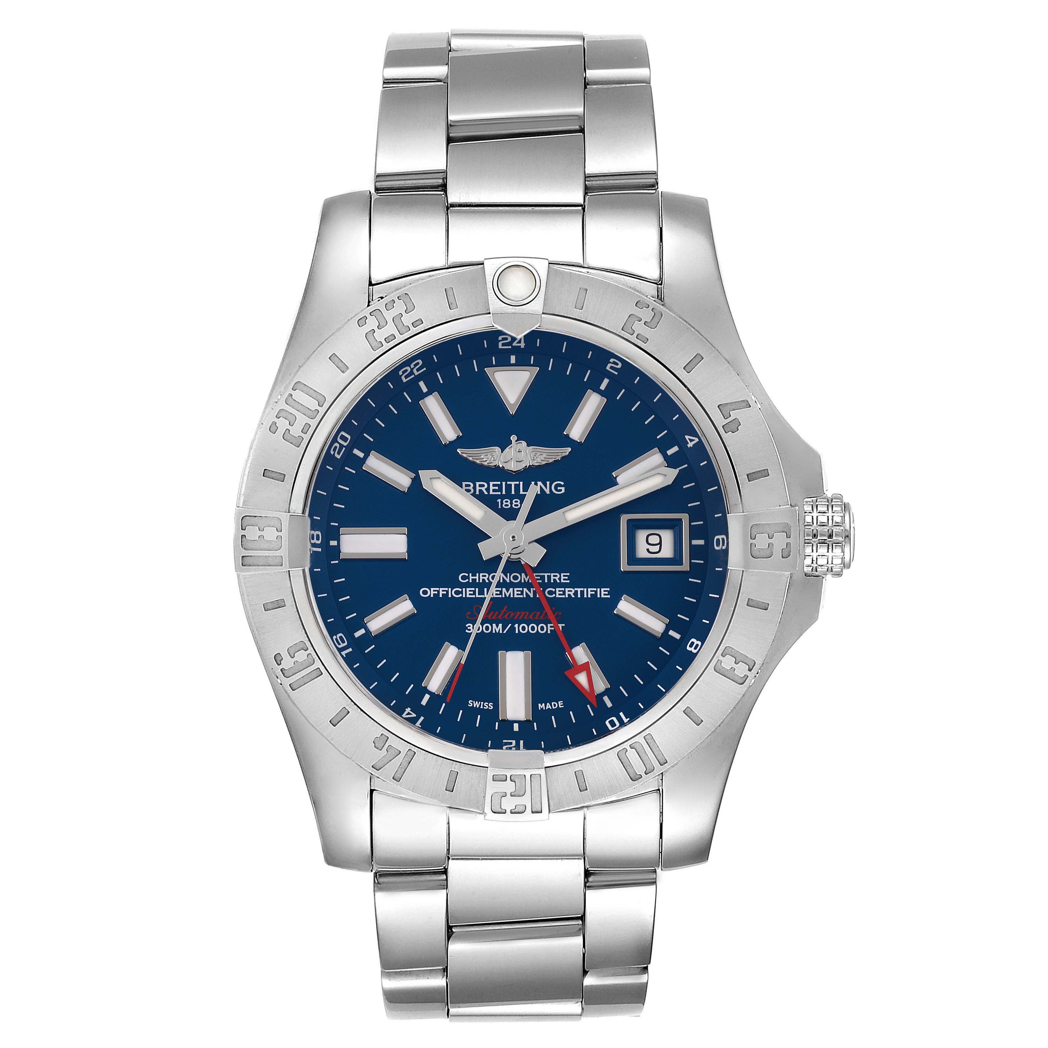 The Breitling Avenger A3239011/C872 Men's Stainless Steel Blue Dial A3239011/C872 Men's Stainless Steel Blue Dial watch is shown from a front angle, displaying its face, bezel, and bracelet.