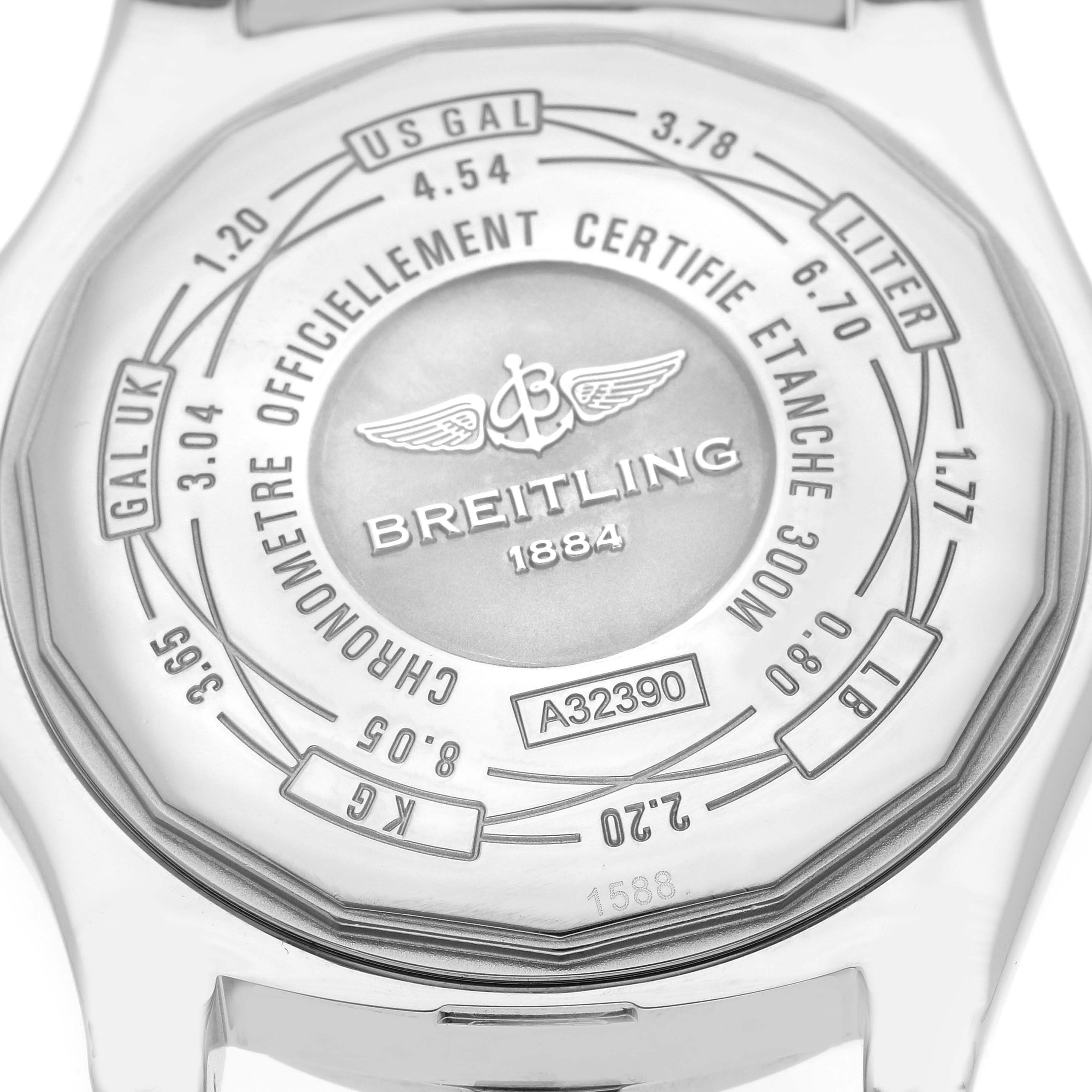 The image shows the back of the Breitling Avenger A3239011/C872 Men's Stainless Steel Blue Dial A3239011/C872 Men's Stainless Steel Blue Dial watch, highlighting engravings and conversion tables.