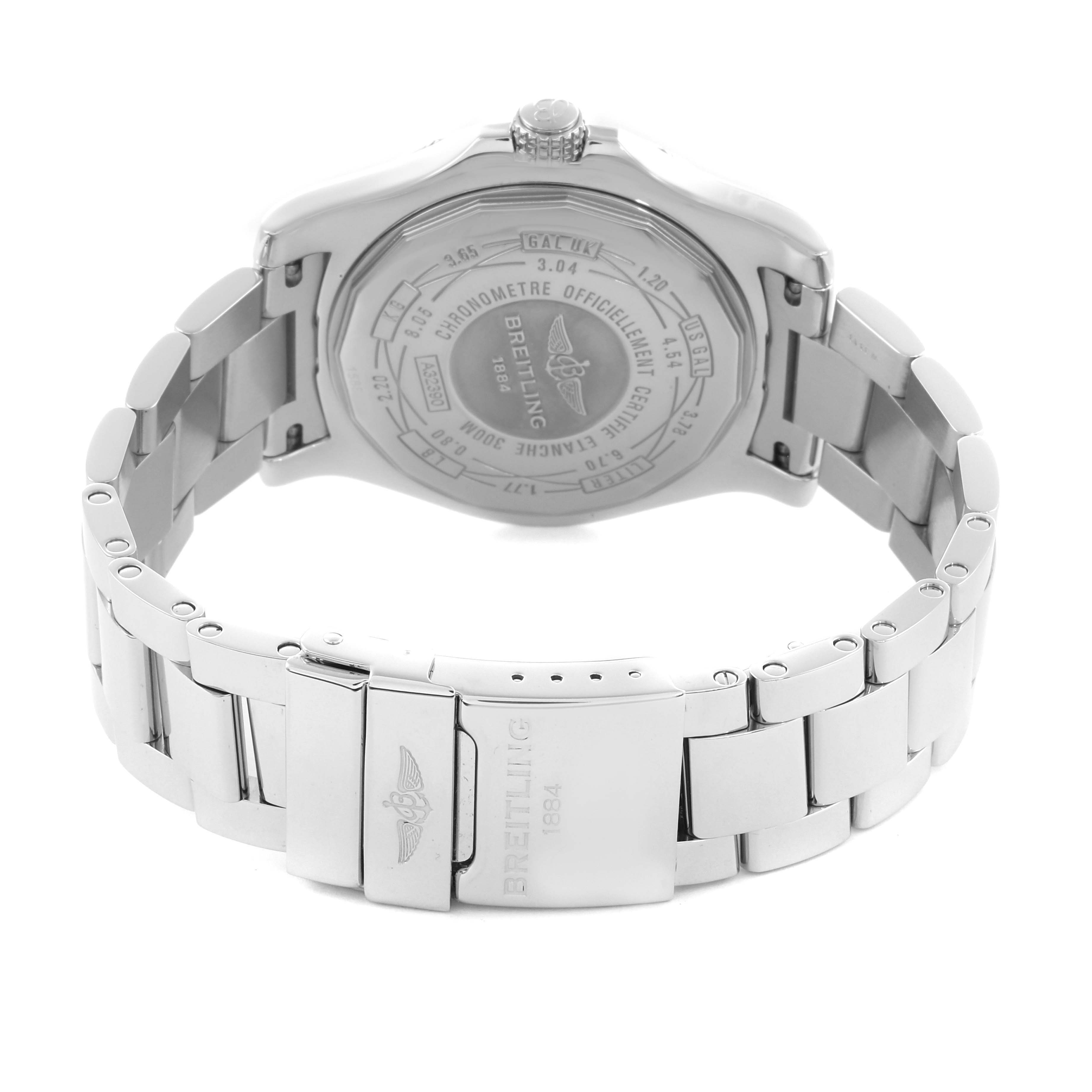 The Breitling Avenger A3239011/C872 Men's Stainless Steel Blue Dial A3239011/C872 Men's Stainless Steel Blue Dial watch is shown from the back, displaying the case back and part of the metal bracelet with the clasp.