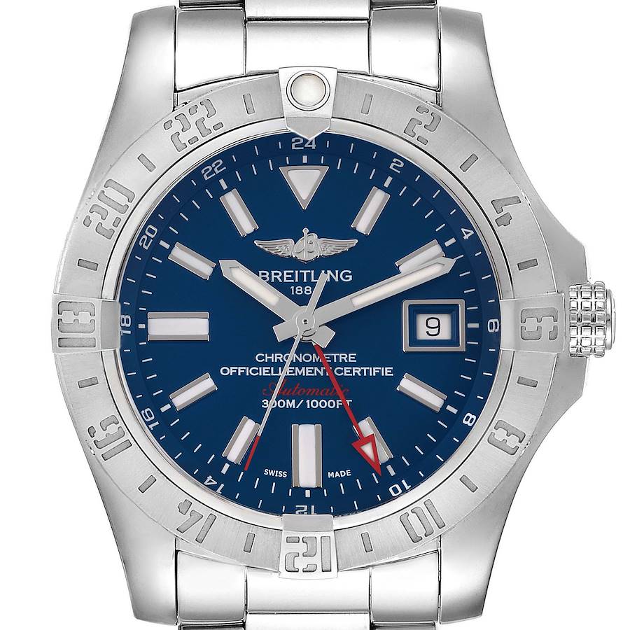 The Breitling Avenger watch is shown from the front, displaying its bezel, dial, hands, and date window.