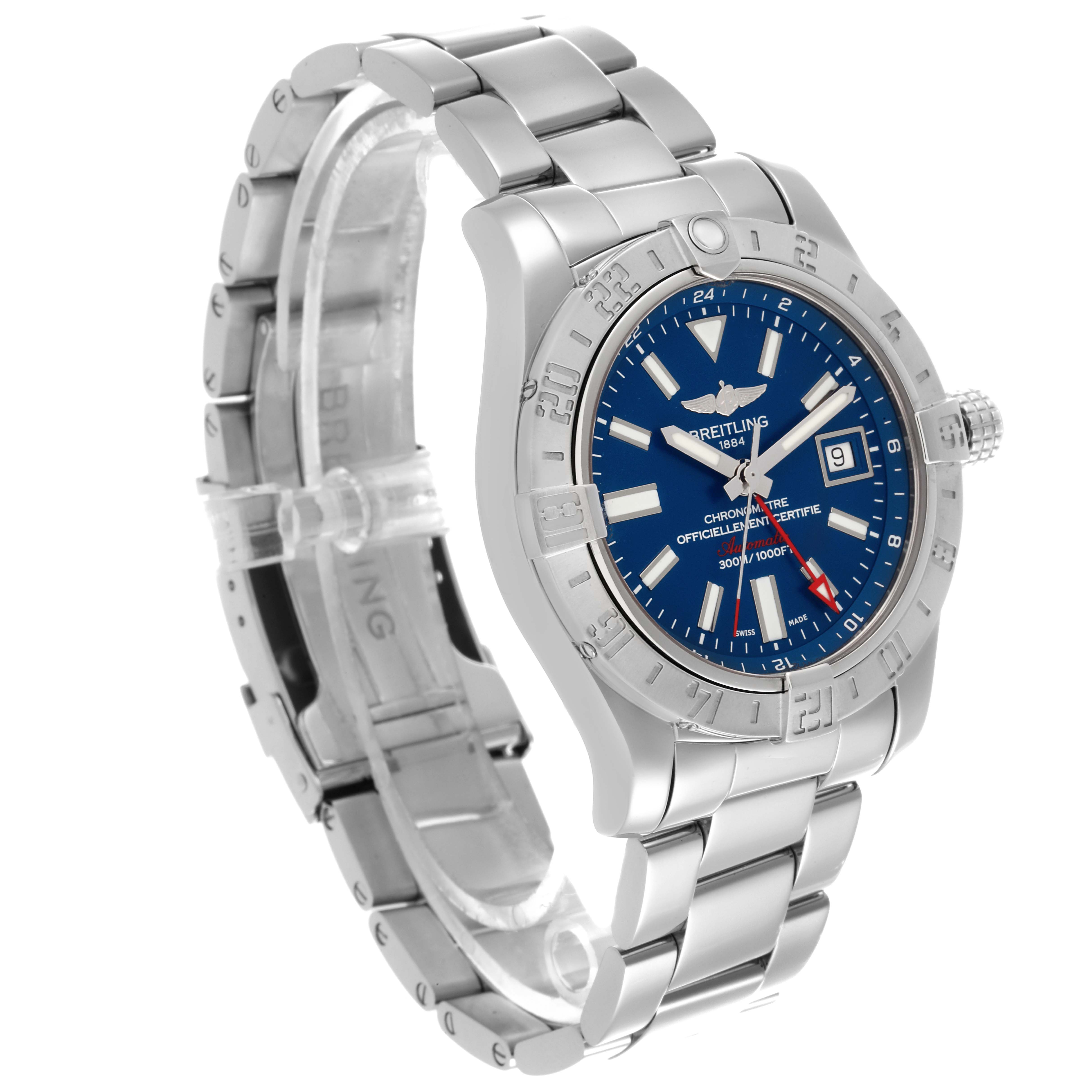 The Breitling Avenger A3239011/C872 Men's Stainless Steel Blue Dial A3239011/C872 Men's Stainless Steel Blue Dial is shown at an angled side view, displaying the face, bezel, crown, and metal bracelet.