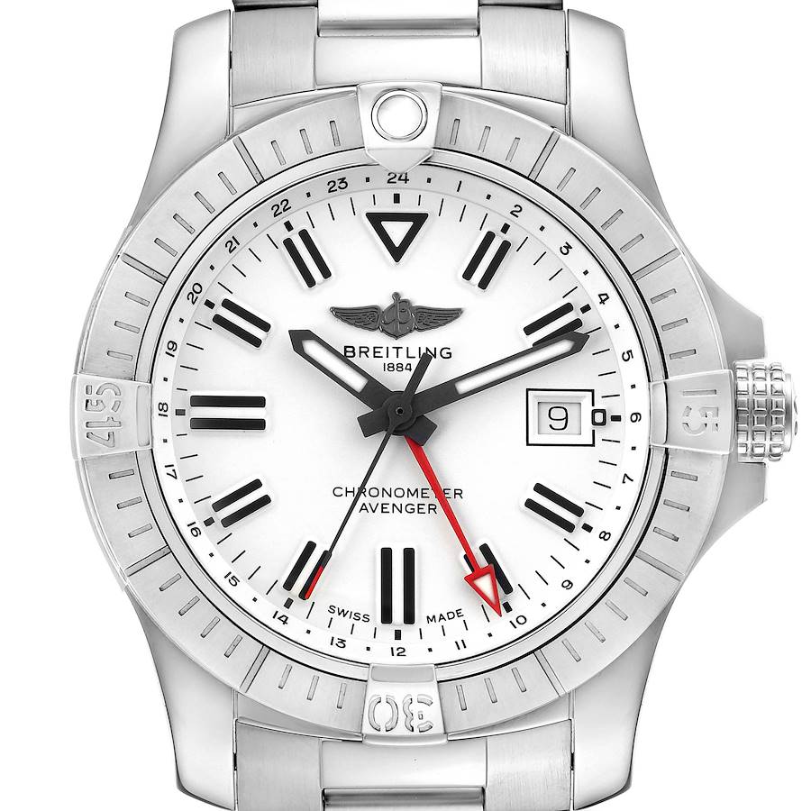 The Breitling Avenger watch is shown from a front angle, highlighting the dial, bezel, bracelet, and crown.