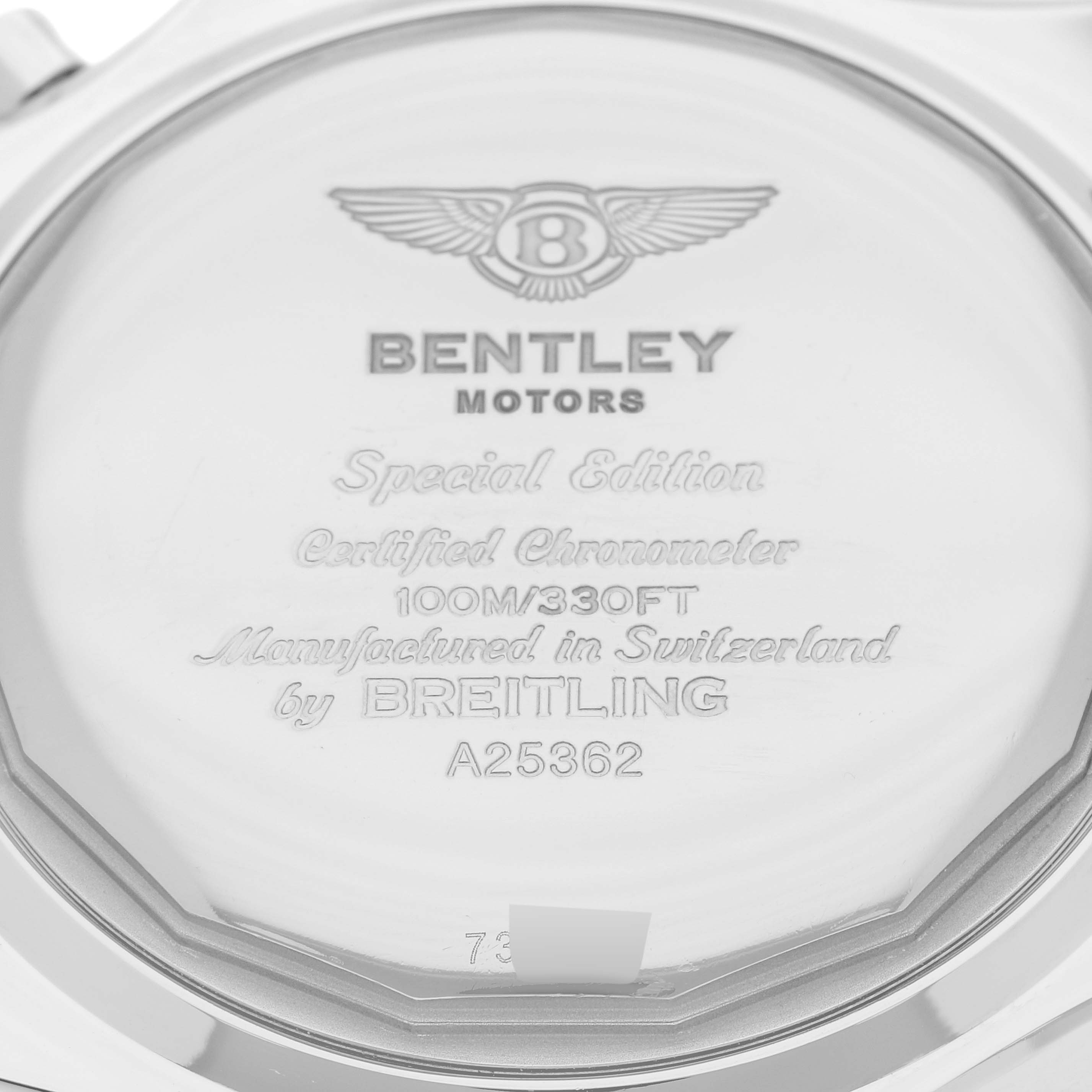 This image shows the back case of the Breitling Bentley A25362 Men's Stainless Steel Blue Dial A25362 Men's Stainless Steel Blue Dial model watch, highlighting engraved details and branding.
