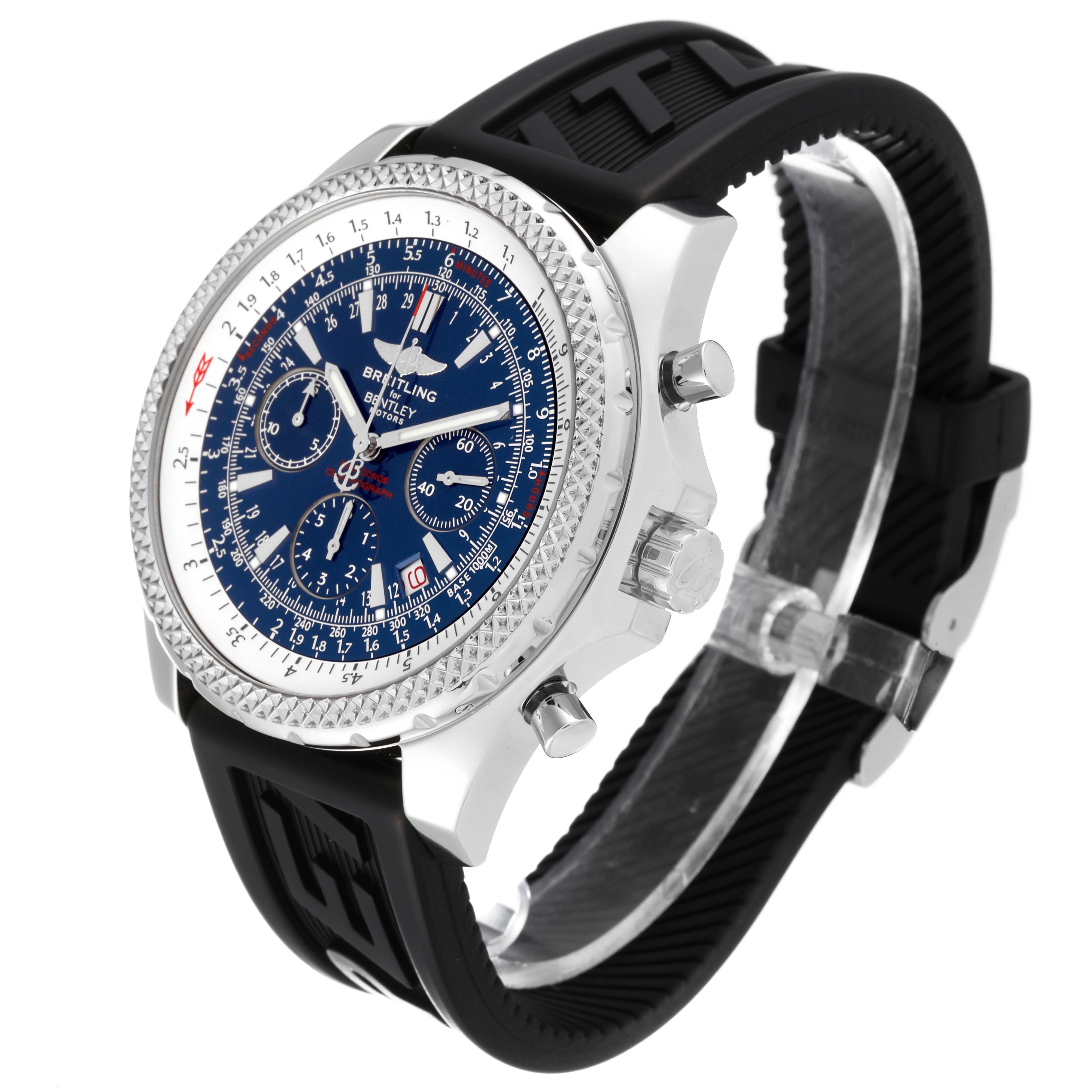 The image shows a Breitling Bentley A25362 Men's Stainless Steel Blue Dial A25362 Men's Stainless Steel Blue Dial model watch at a three-quarter angle, highlighting its bezel, face, crown, and strap.