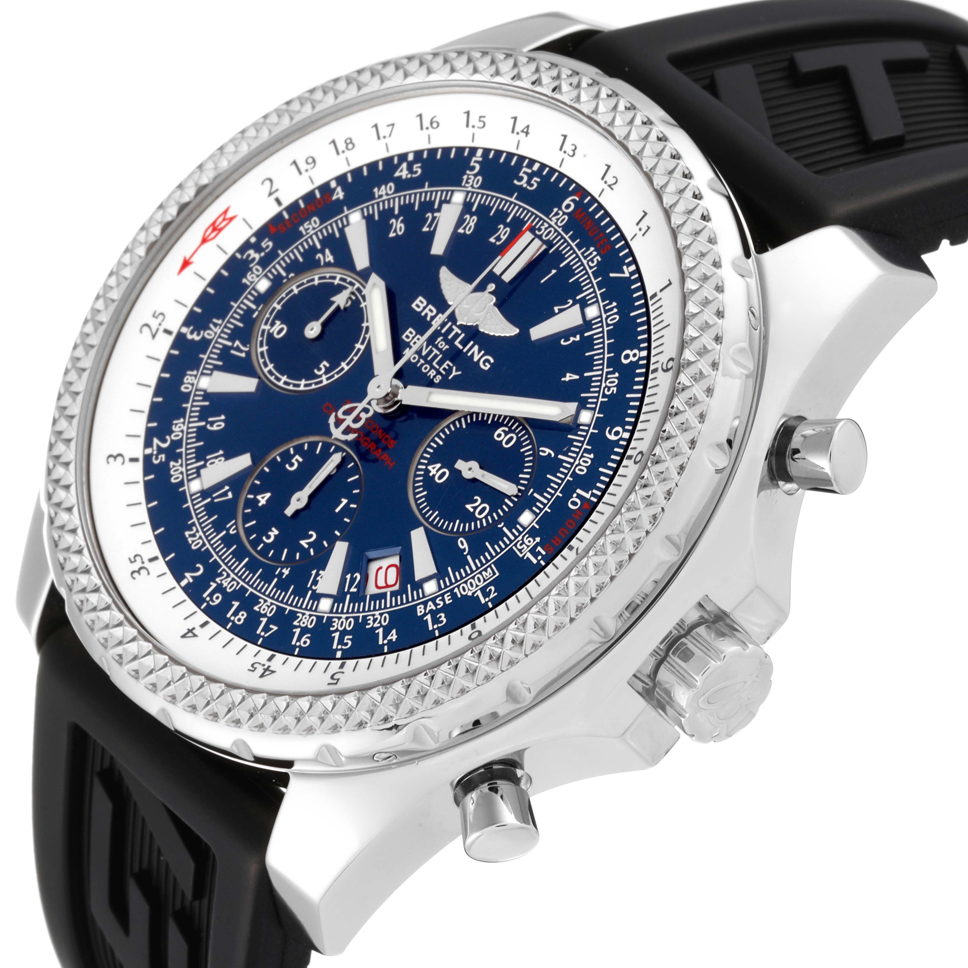 The Breitling Bentley A25362 Men's Stainless Steel Blue Dial A25362 Men's Stainless Steel Blue Dial watch is shown at an angle displaying its face, bezel, crown, pushers, and part of the strap.