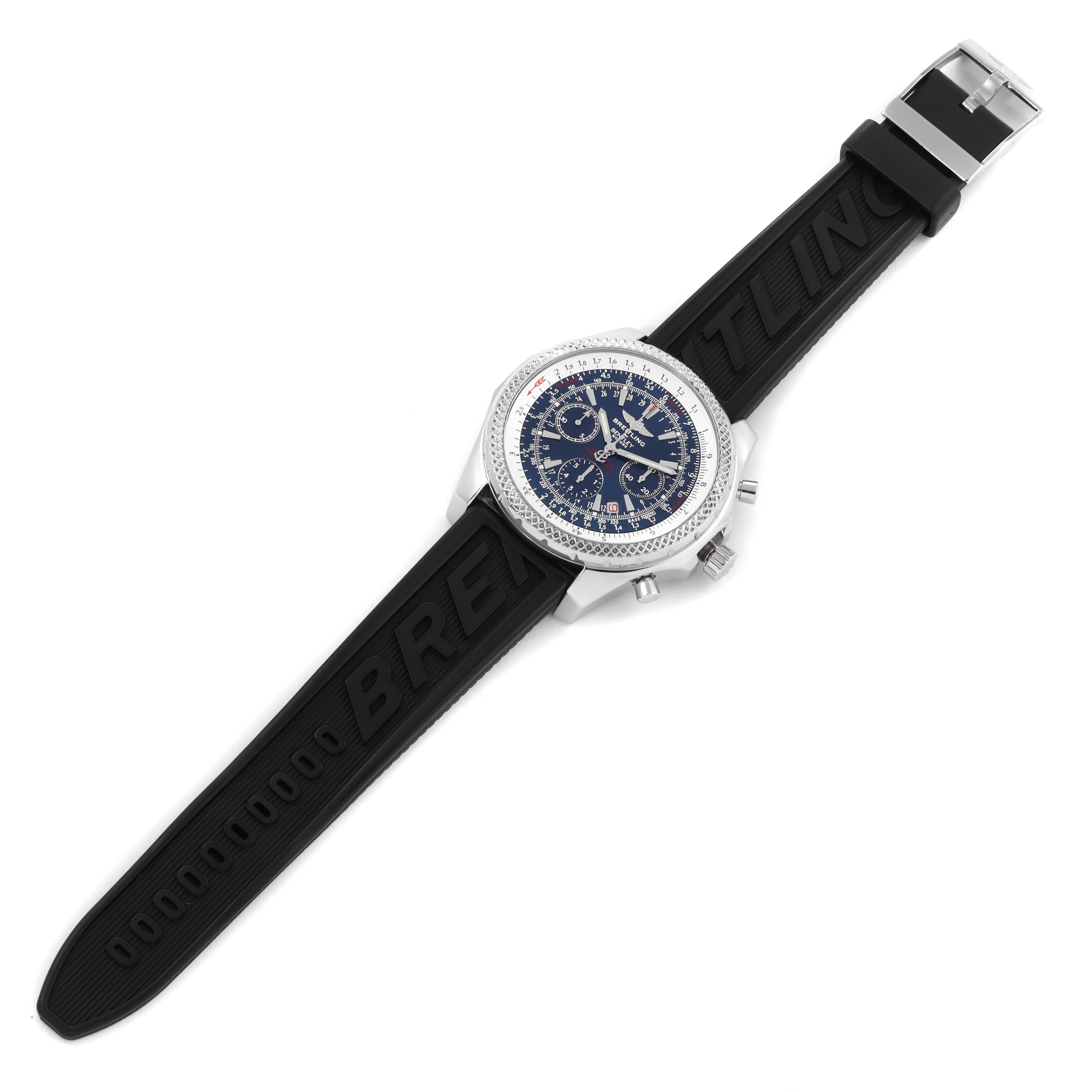 This image displays a top-down view of the Breitling Bentley A25362 Men's Stainless Steel Blue Dial A25362 Men's Stainless Steel Blue Dial watch, showcasing its face, case, and black rubber strap.