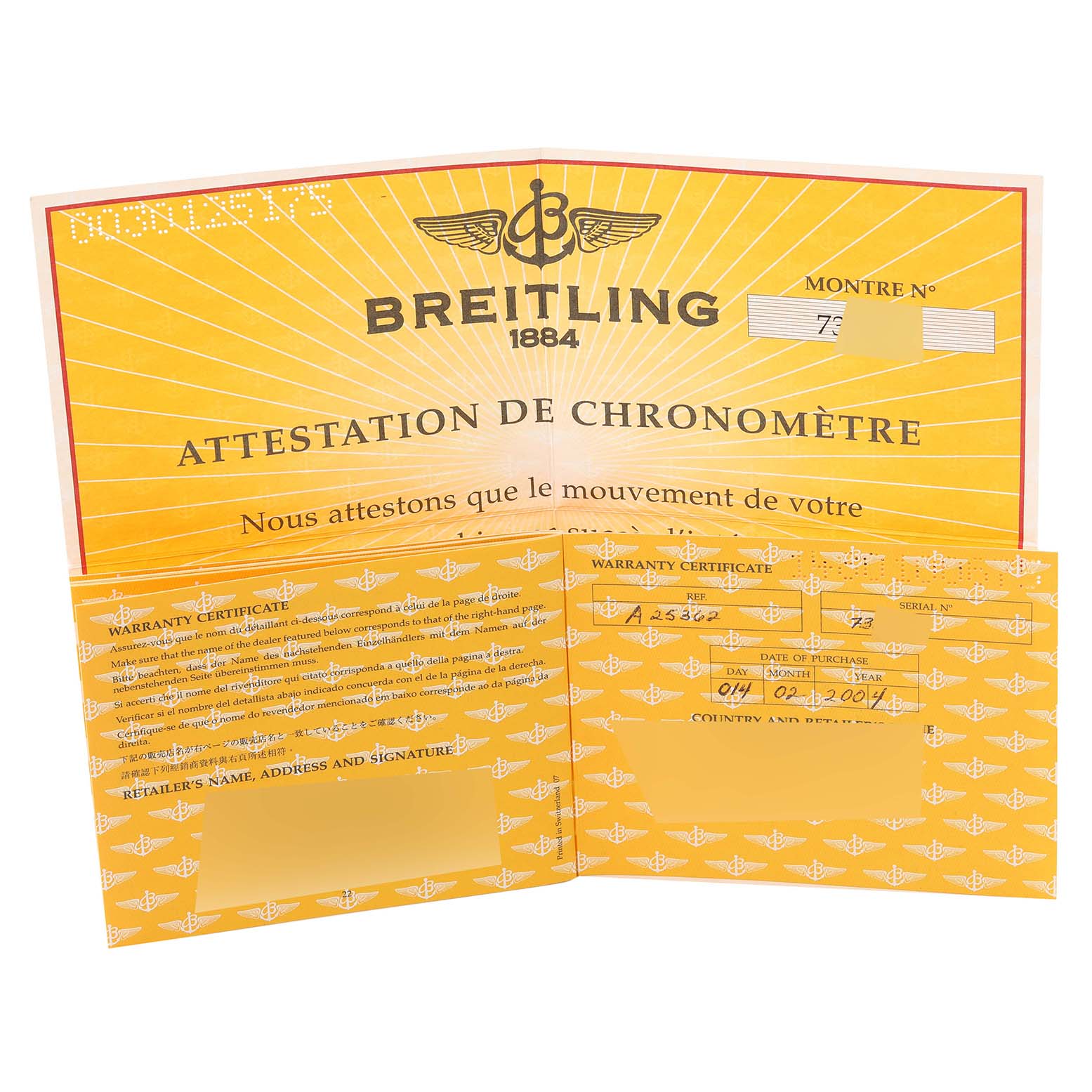 The image shows warranty certificates and chronometer attestation for a Breitling Bentley A25362 Men's Stainless Steel Blue Dial A25362 Men's Stainless Steel Blue Dial model watch.