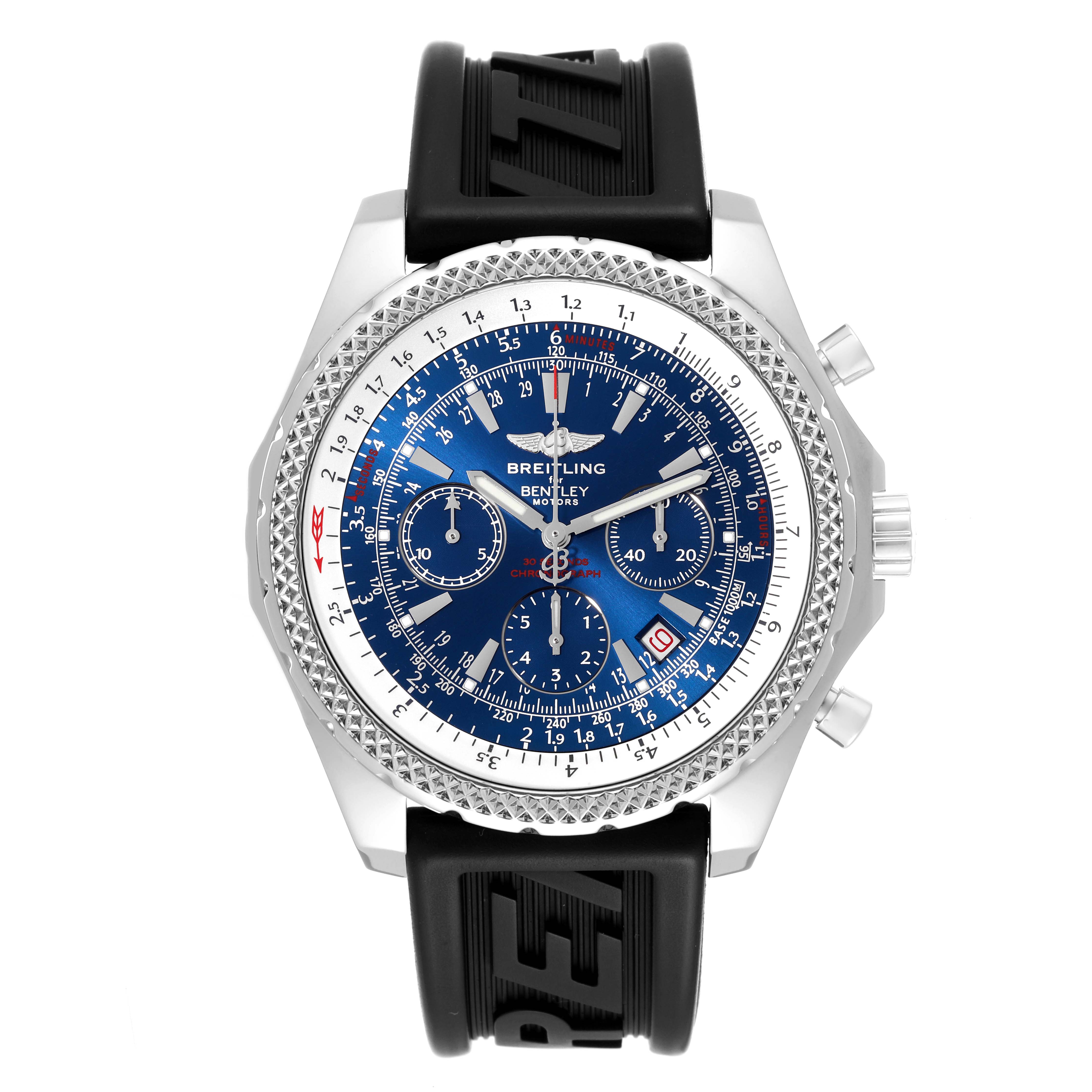 This image shows a frontal view of a Breitling Bentley A25362 Men's Stainless Steel Blue Dial A25362 Men's Stainless Steel Blue Dial watch, highlighting its blue dial, chronograph subdials, and black strap.
