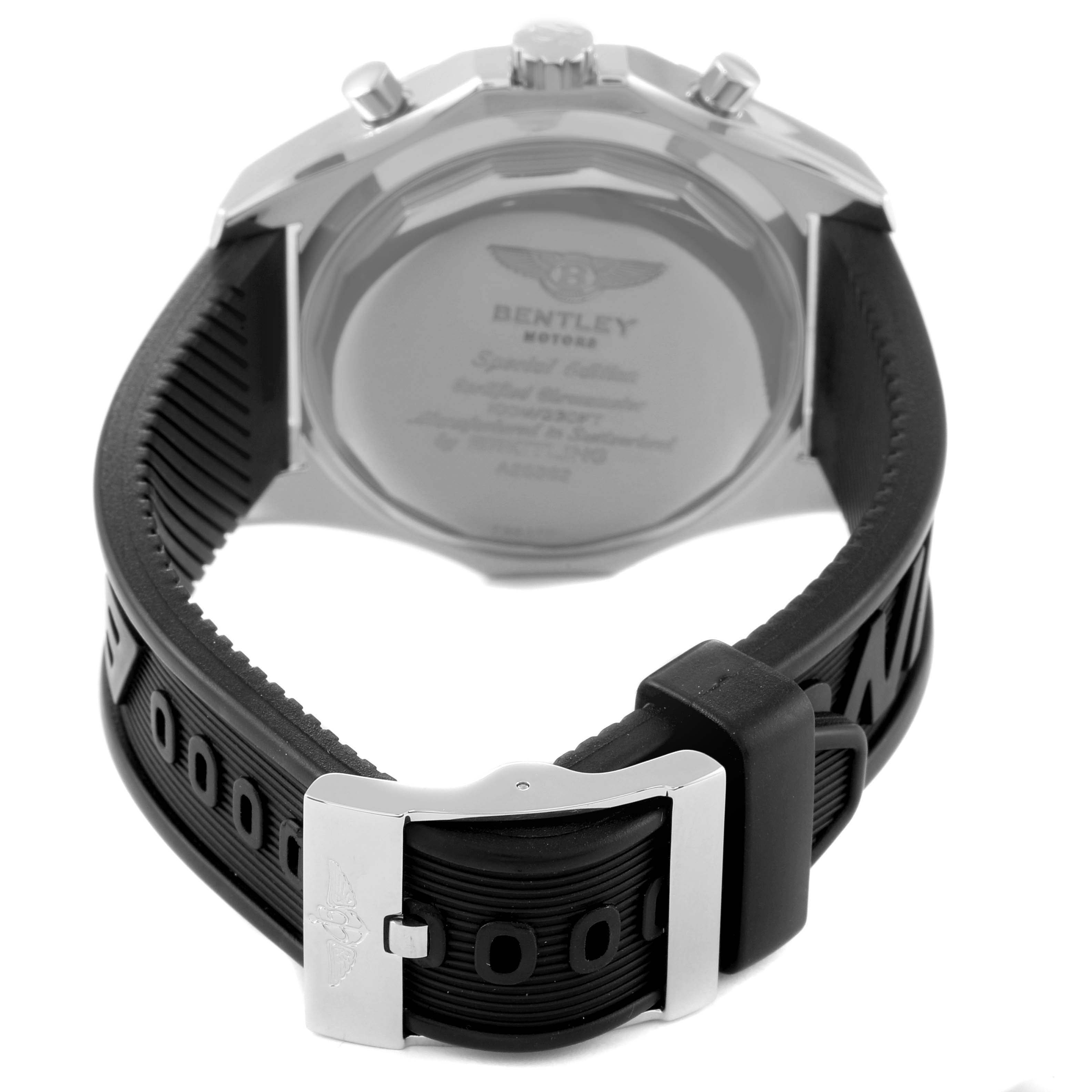 This Breitling Bentley A25362 Men's Stainless Steel Blue Dial A25362 Men's Stainless Steel Blue Dial watch is shown from the back, highlighting the case back and the rubber strap with the clasp.