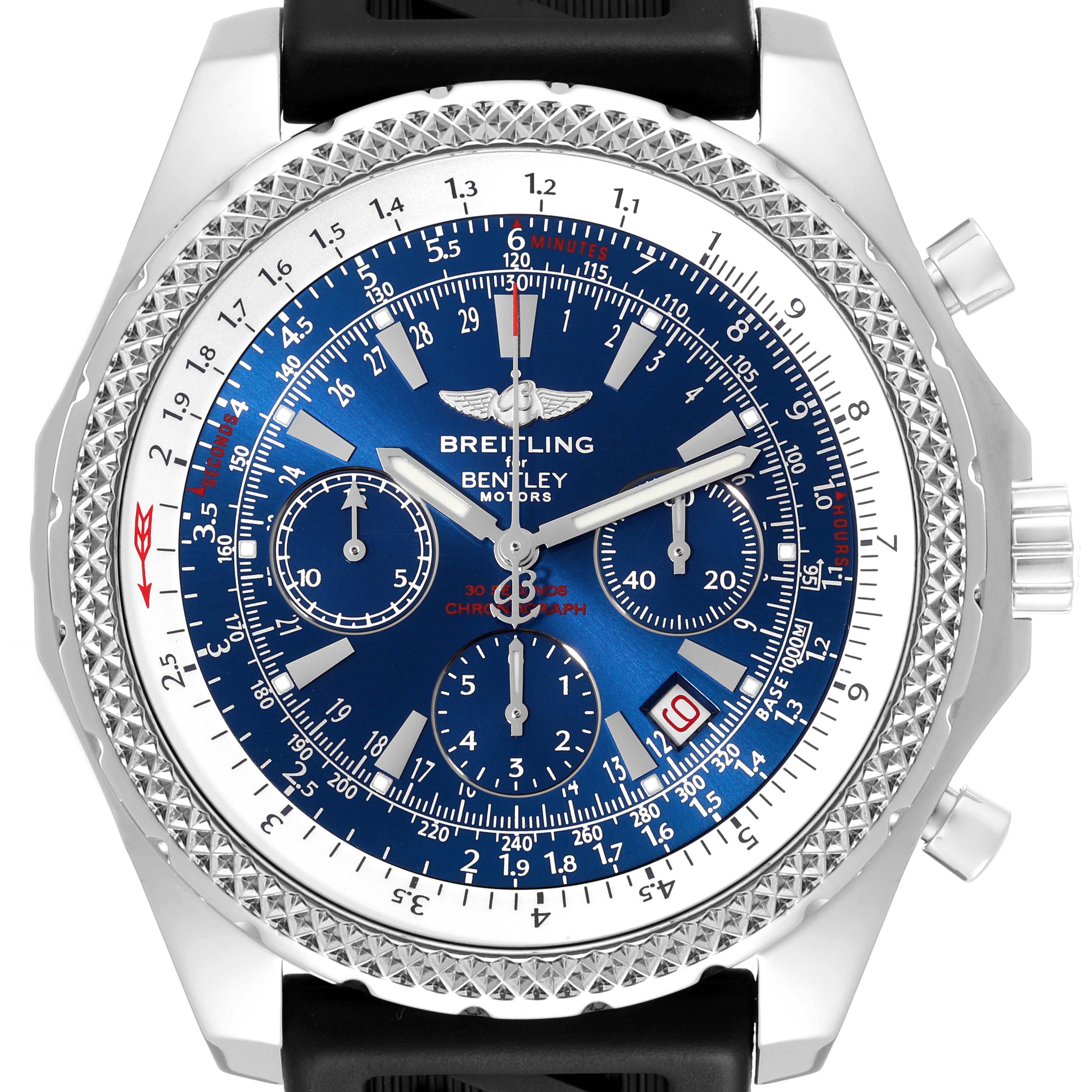 The image shows a front view of the Breitling Bentley A25362 Men's Stainless Steel Blue Dial A25362 Men's Stainless Steel Blue Dial watch, showcasing the dial, chronographs, and rotating bezel.