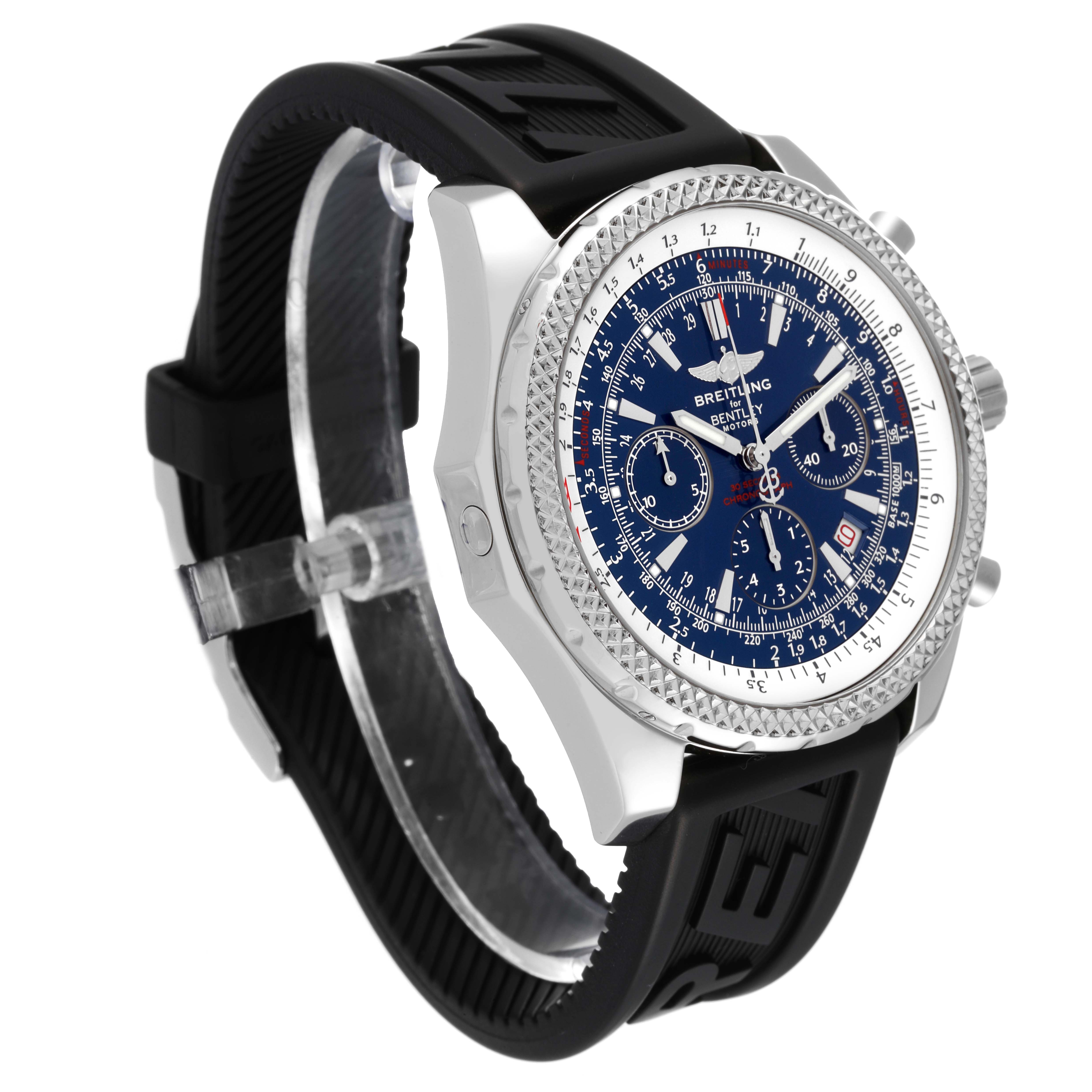 The image shows a Breitling Bentley A25362 Men's Stainless Steel Blue Dial A25362 Men's Stainless Steel Blue Dial model watch at a three-quarter angle, highlighting the face, bezel, and strap.