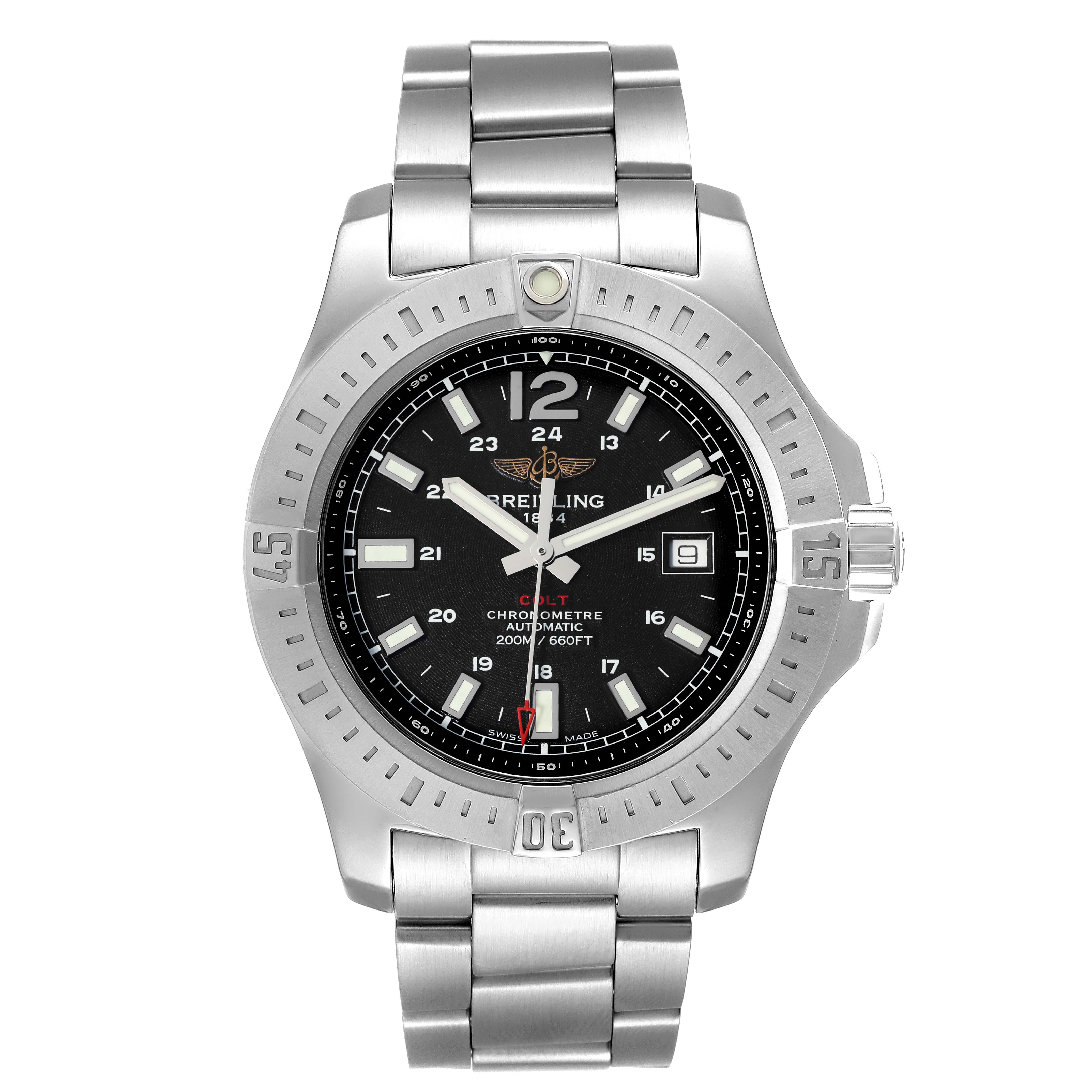 The image shows a front view of a Breitling Colt A17388 Men's Stainless Steel Black Dial A17388 Men's Stainless Steel Black Dial watch, highlighting its dial, bezel, crown, and metal bracelet.