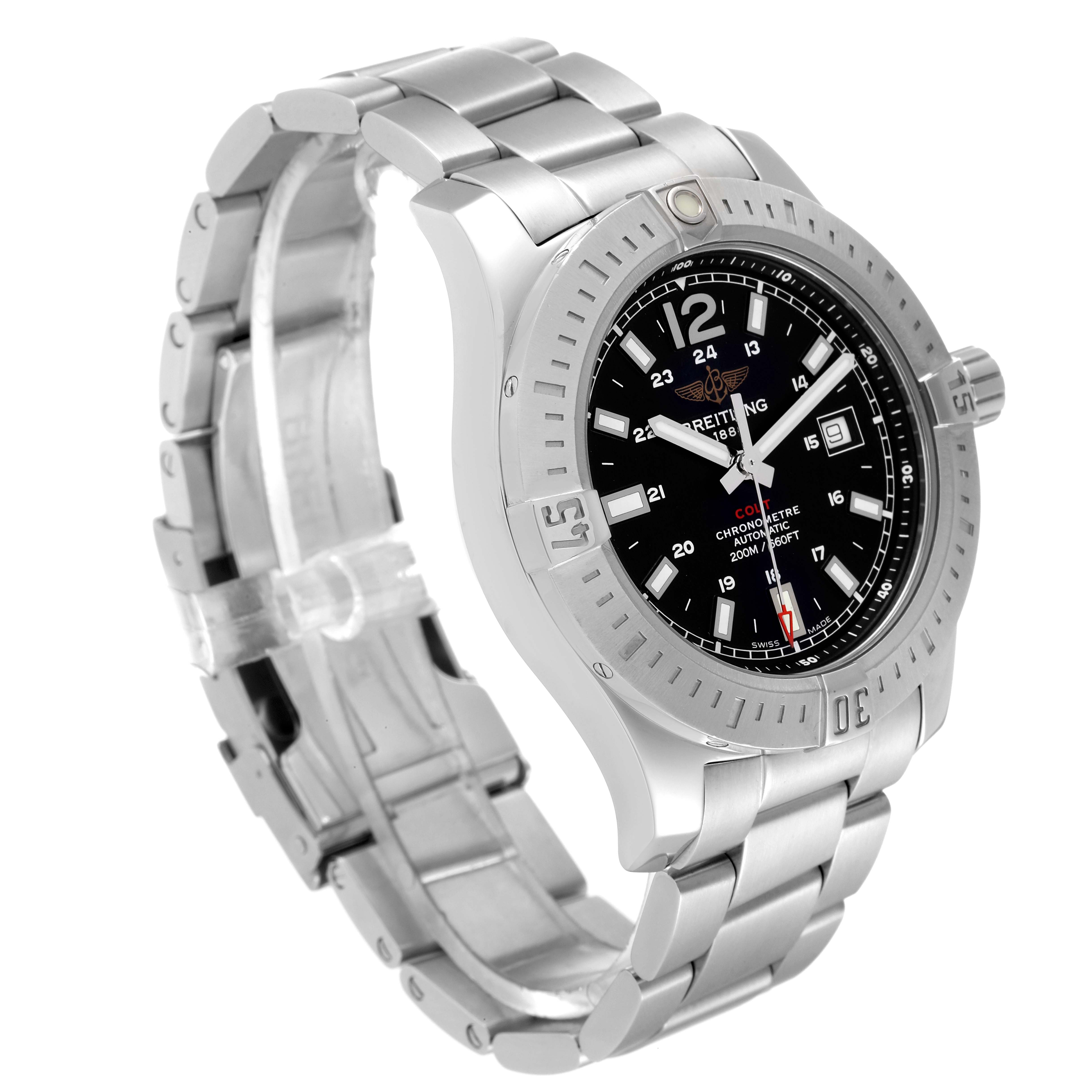 The Breitling Colt A17388 Men's Stainless Steel Black Dial A17388 Men's Stainless Steel Black Dial watch is shown at a three-quarter angle, displaying the face, bezel, and part of the metal bracelet.