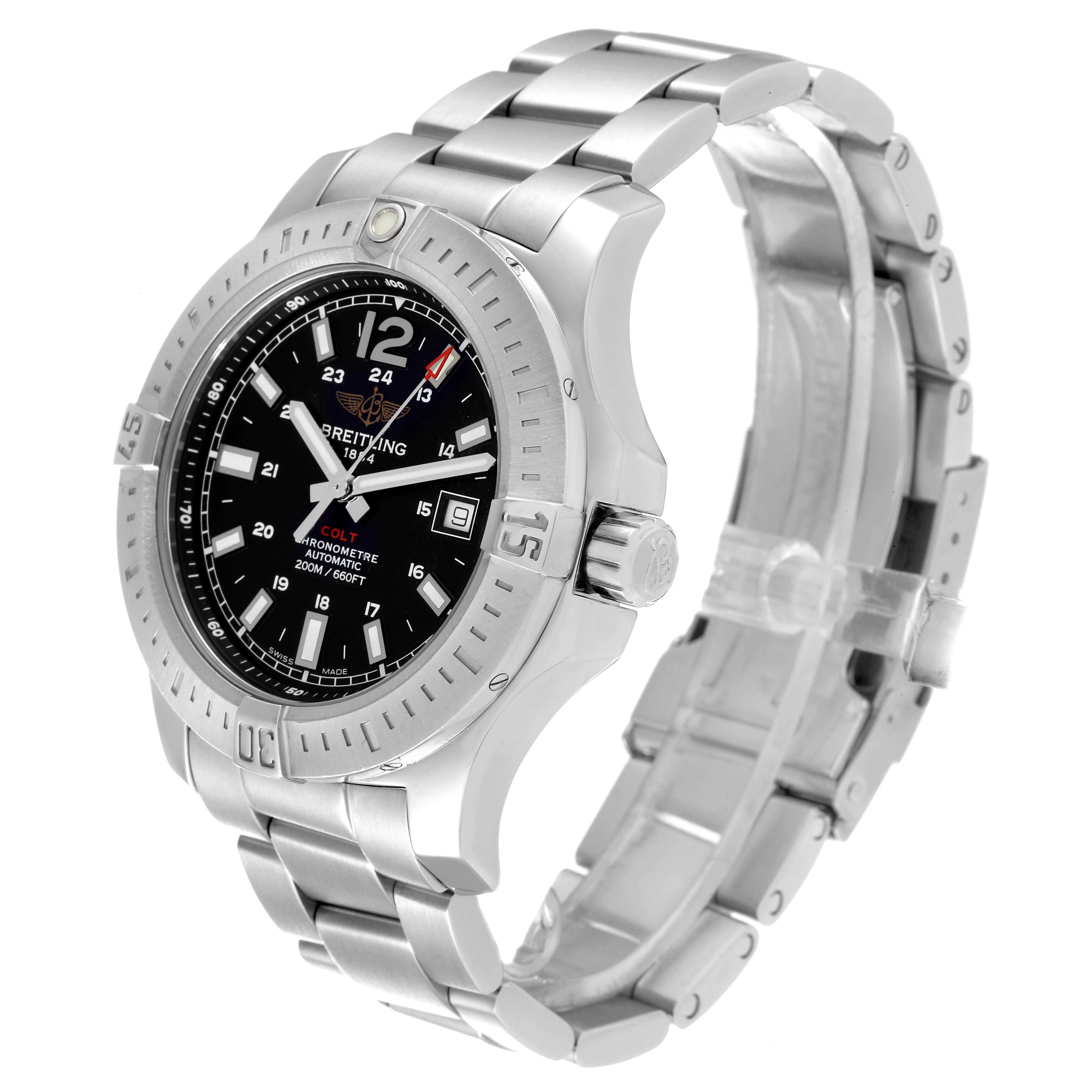 The image shows a side angle view of the Breitling Colt A17388 Men's Stainless Steel Black Dial A17388 Men's Stainless Steel Black Dial watch, highlighting its stainless steel bracelet, bezel, and black dial.