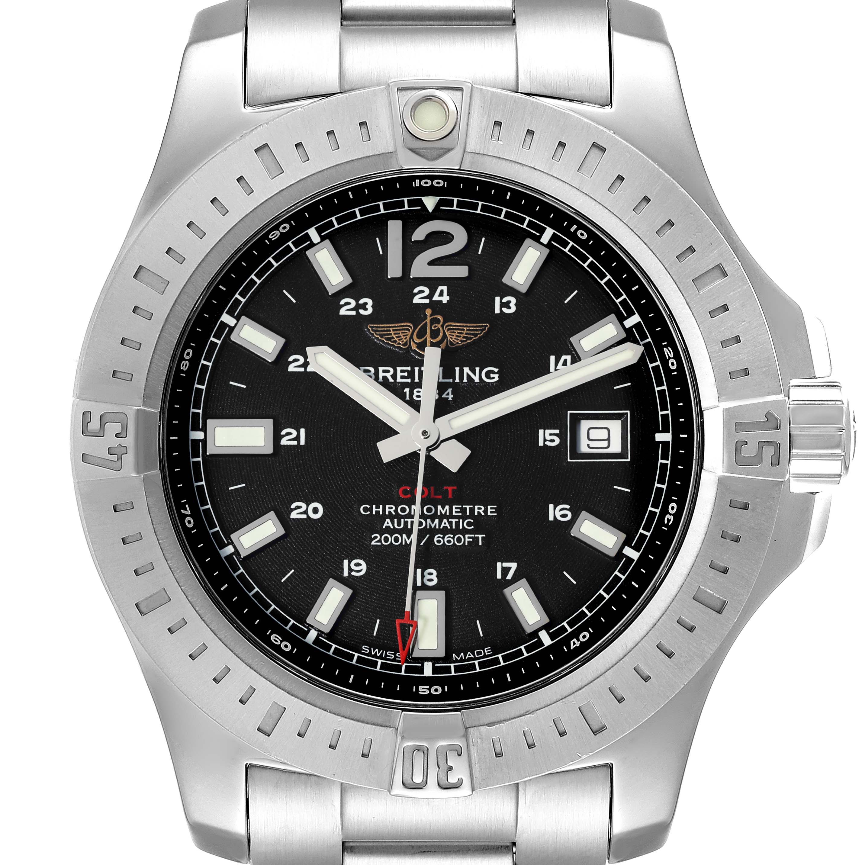 The Breitling Colt A17388 Men's Stainless Steel Black Dial A17388 Men's Stainless Steel Black Dial watch is shown from a front angle, displaying its dial, bezel, and bracelet.