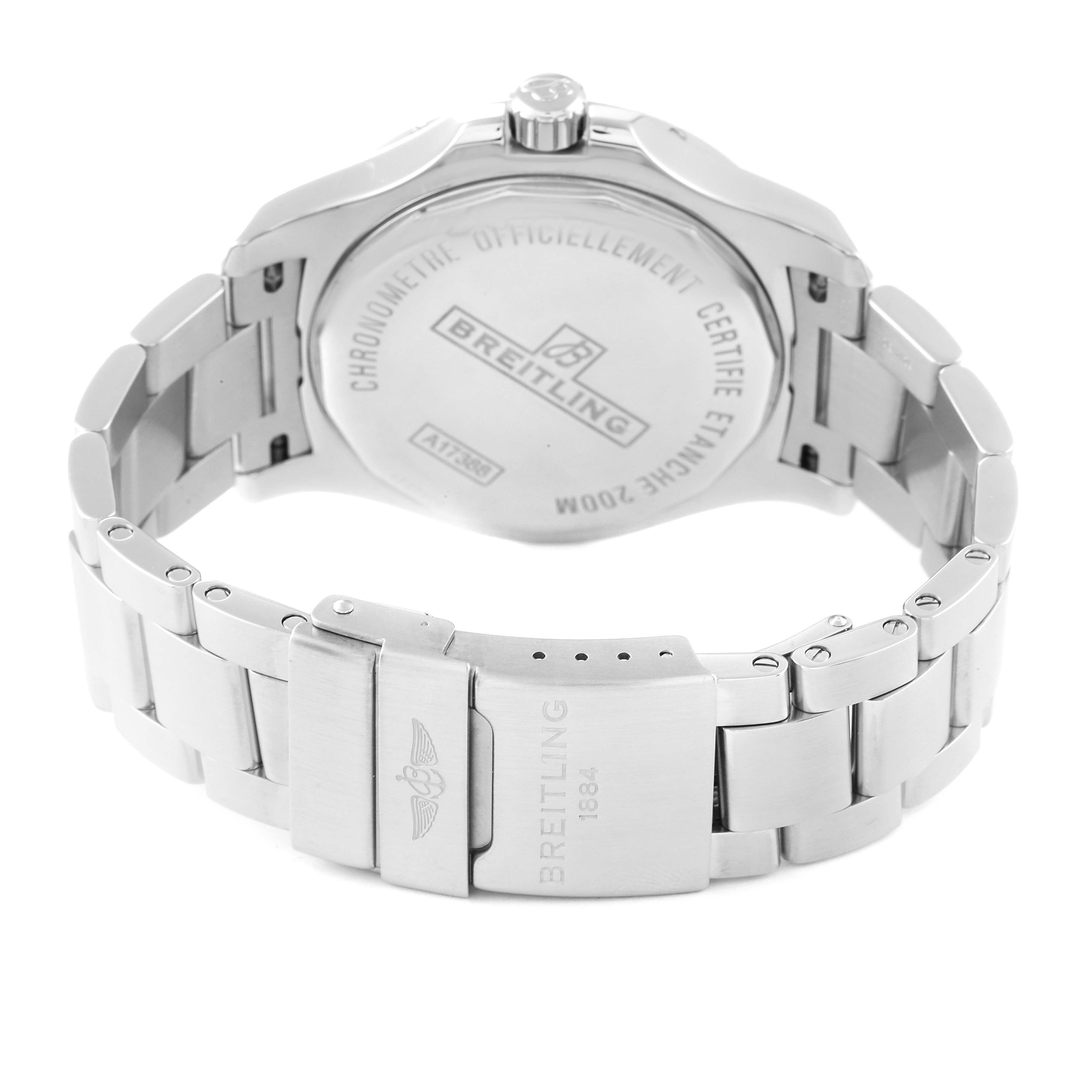 The image displays the back view of a Breitling Colt A17388 Men's Stainless Steel Black Dial A17388 Men's Stainless Steel Black Dial watch, highlighting the case back and part of the bracelet clasp.