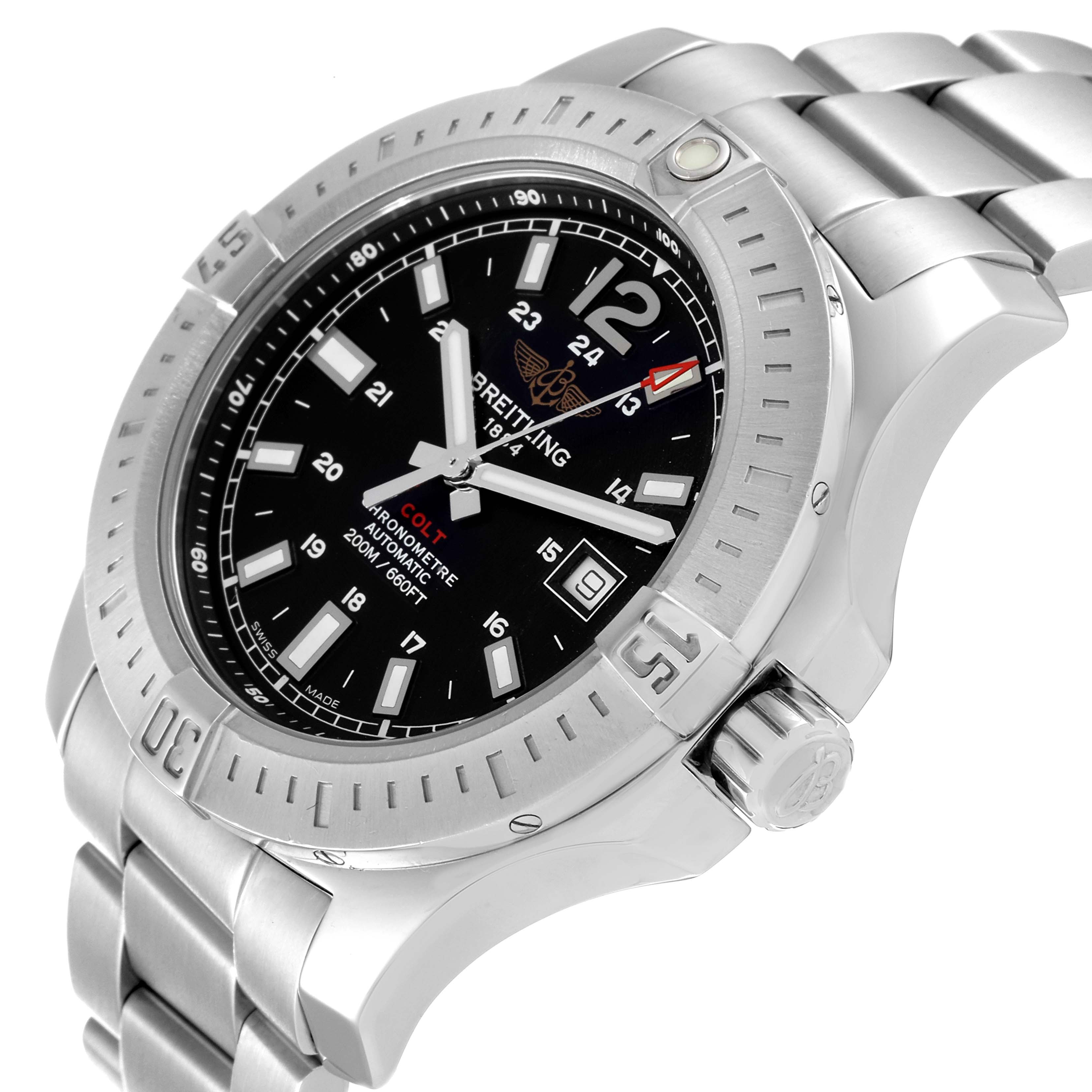 The image shows the Breitling Colt A17388 Men's Stainless Steel Black Dial A17388 Men's Stainless Steel Black Dial watch at an angle displaying the face, bezel, crown, and part of the metal band.
