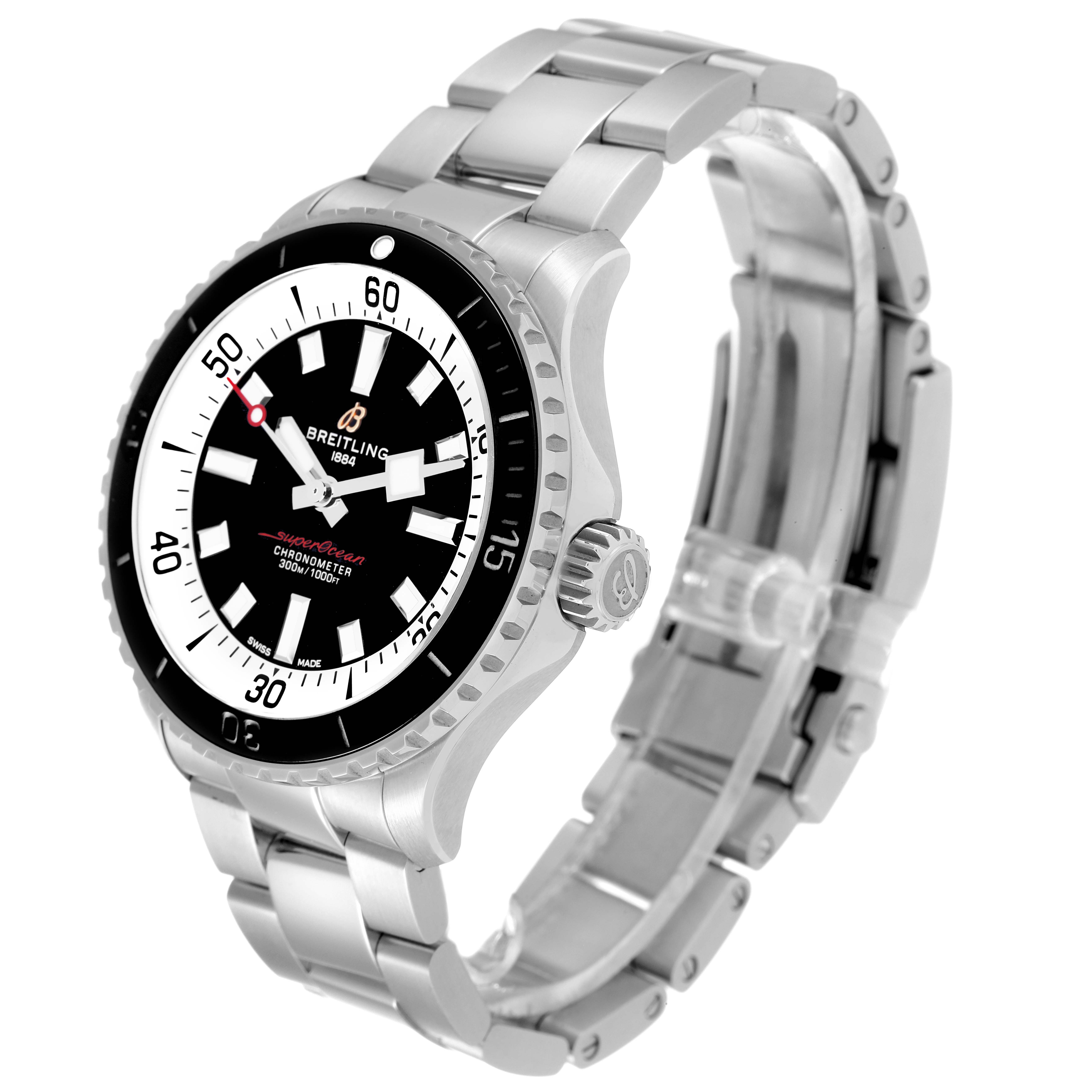 The image shows a side angle of a Breitling Superocean A17375 Men's Stainless Steel Black Dial A17375 Men's Stainless Steel Black Dial model, highlighting the face, bezel, crown, and metal bracelet.