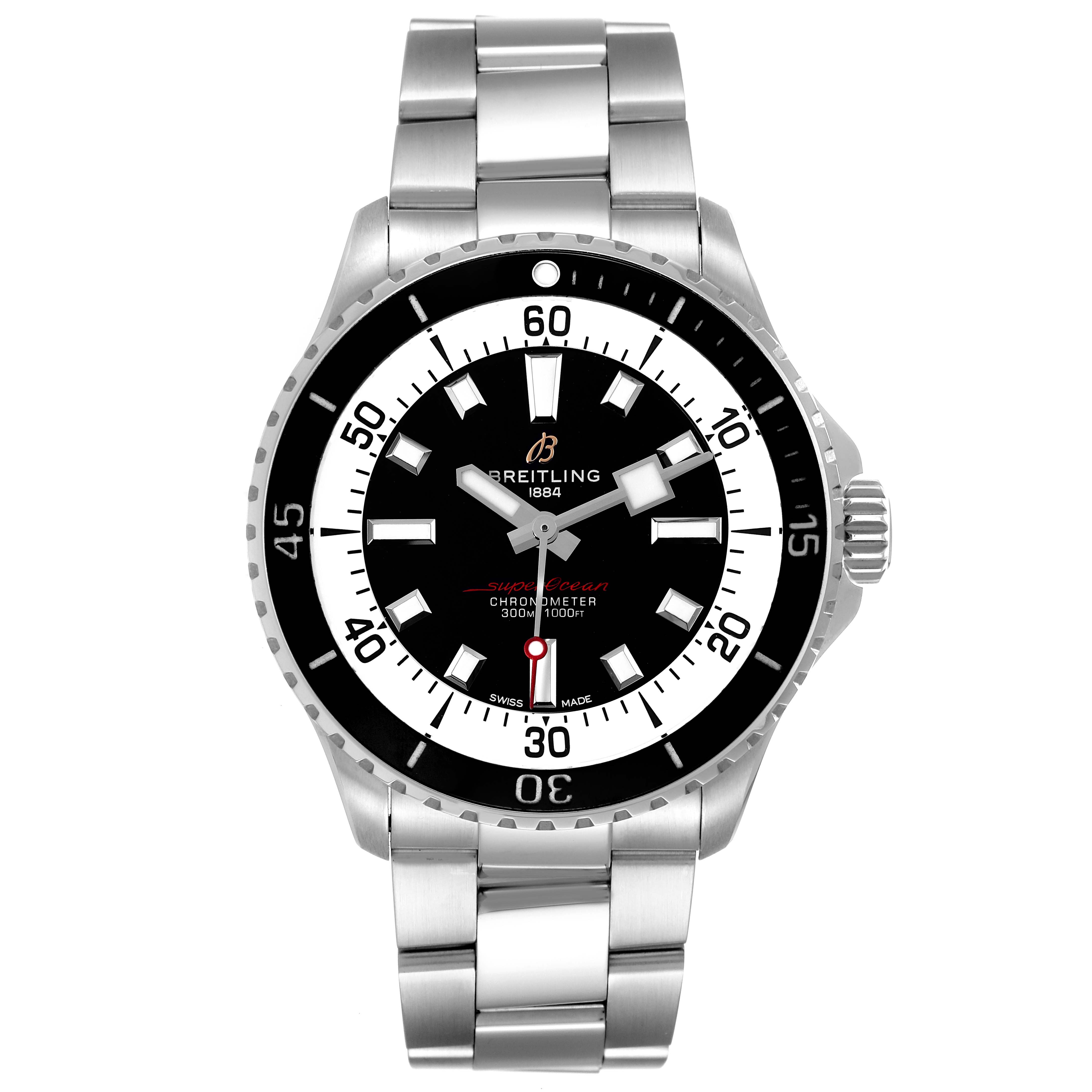 The image shows a front view of the Breitling Superocean A17375 Men's Stainless Steel Black Dial A17375 Men's Stainless Steel Black Dial watch, displaying the dial, bezel, and bracelet.