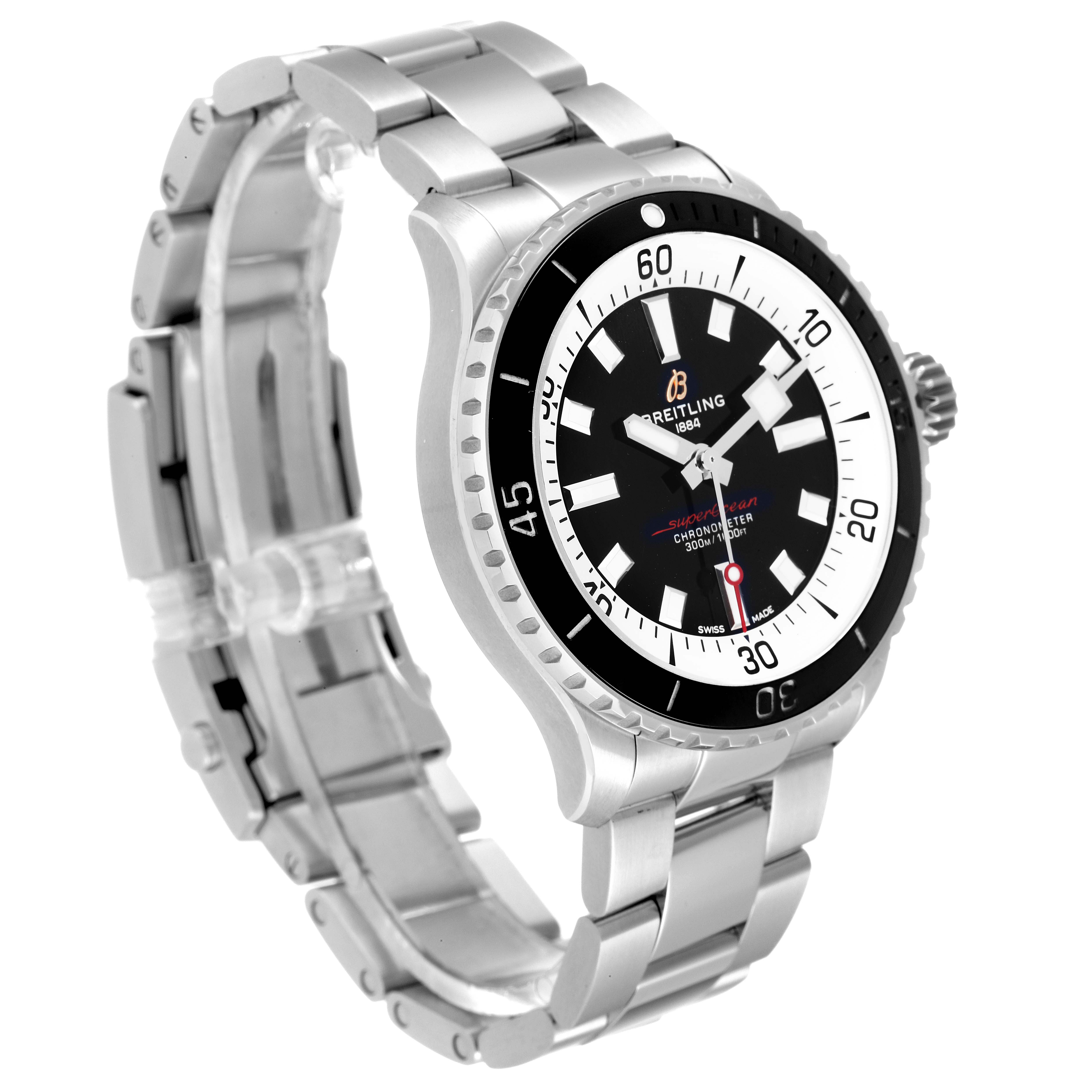 The image shows a side-angle view of a Breitling Superocean A17375 Men's Stainless Steel Black Dial A17375 Men's Stainless Steel Black Dial watch, showcasing its face, bezel, and metal bracelet.