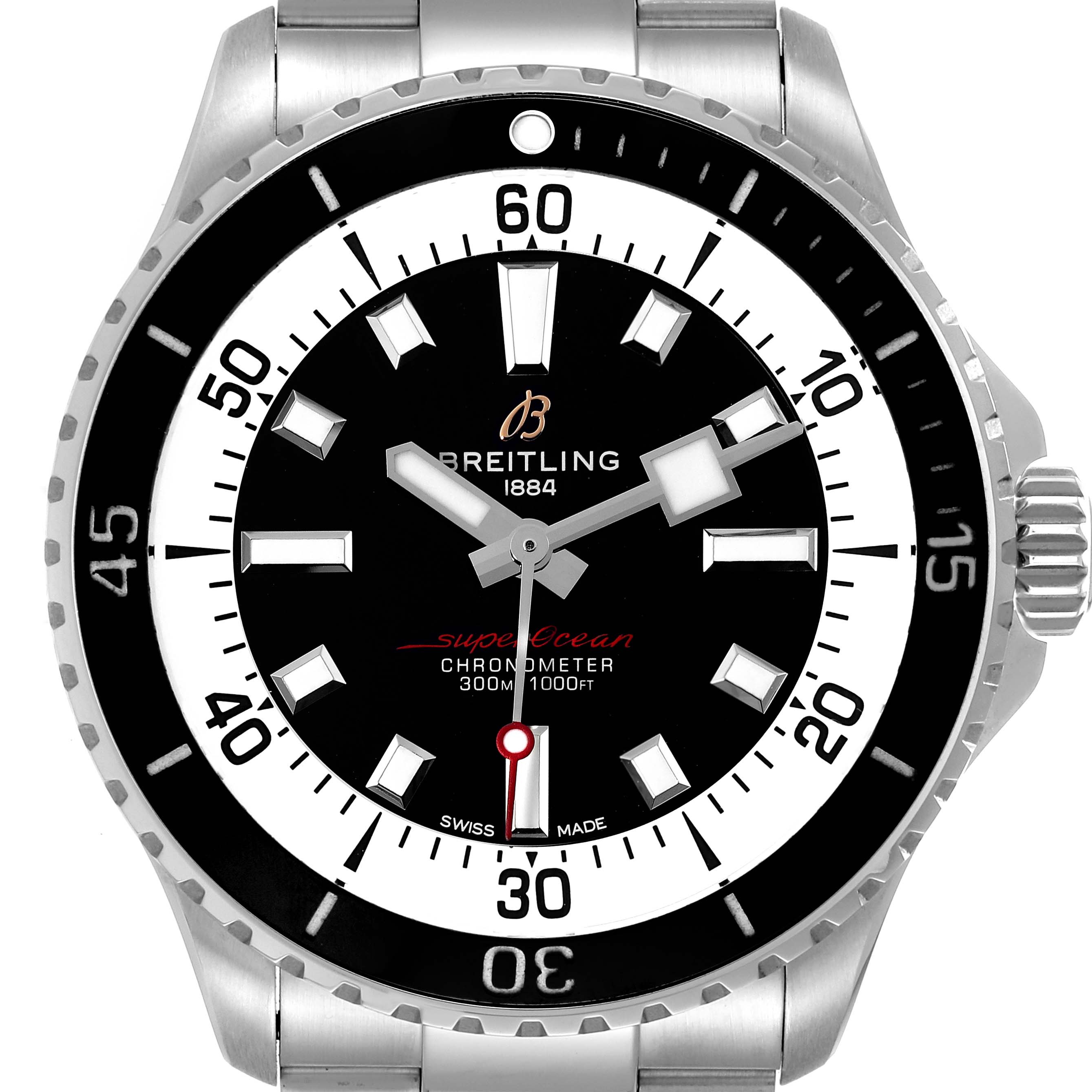 This image shows a frontal view of the Breitling Superocean A17375 Men's Stainless Steel Black Dial A17375 Men's Stainless Steel Black Dial watch, highlighting its dial, bezel, and part of its bracelet.