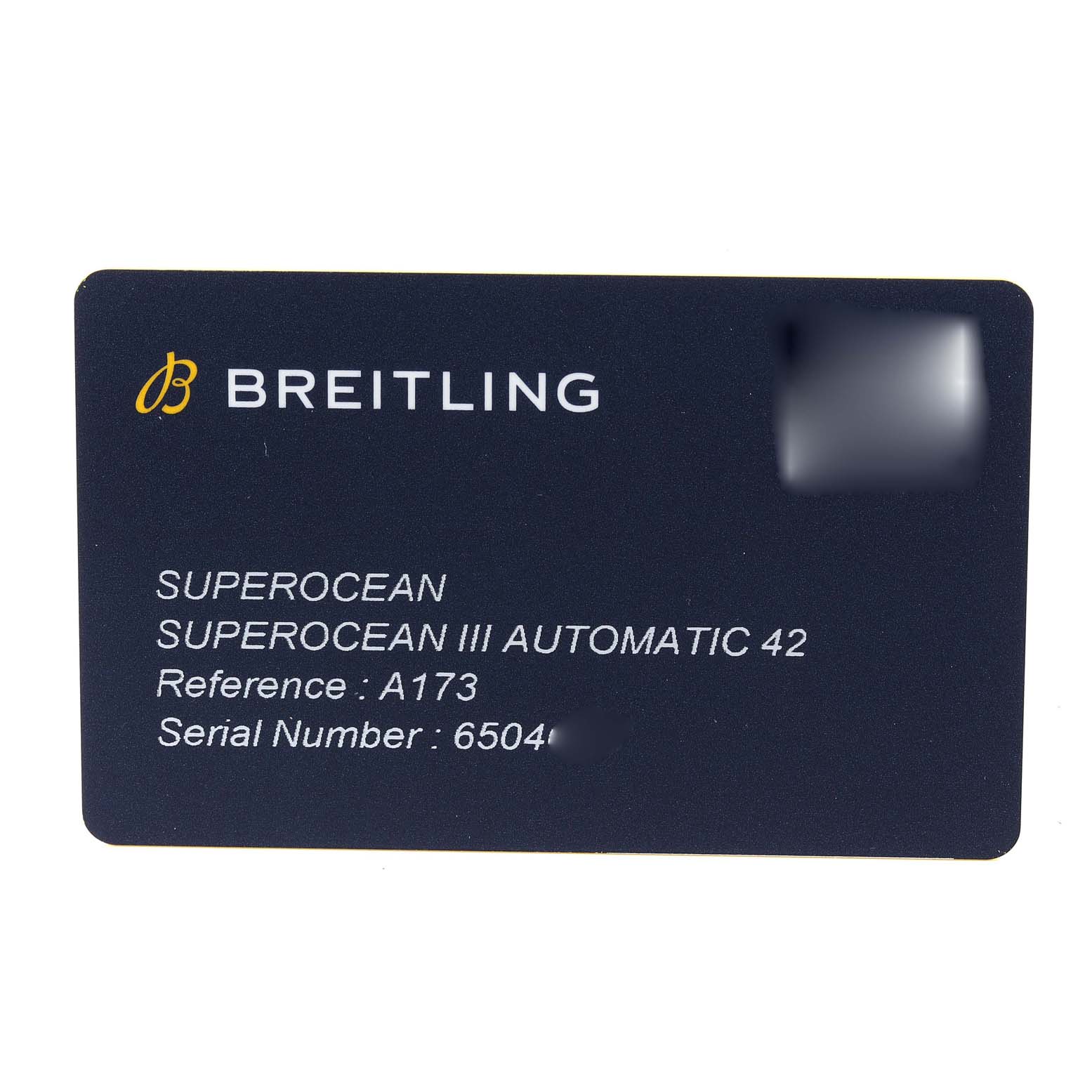 The image shows a warranty card for the Breitling Superocean A17375 Men's Stainless Steel Black Dial A17375 Men's Stainless Steel Black Dial III Automatic 42, displaying the brand, model, reference number, and serial number.