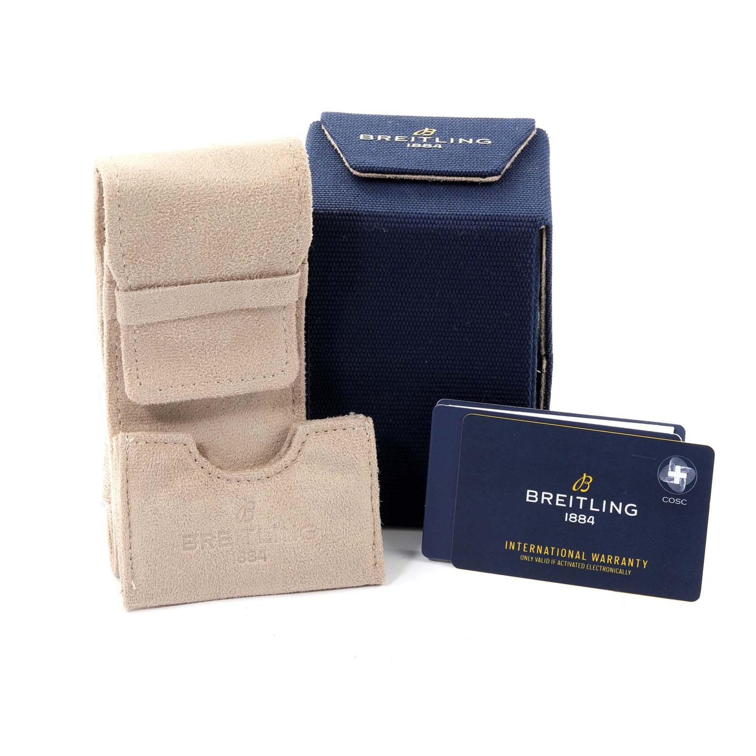 The image shows accessories for a Breitling Superocean A17375 Men's Stainless Steel Black Dial A17375 Men's Stainless Steel Black Dial watch, including a blue box, beige pouch, and warranty cards.