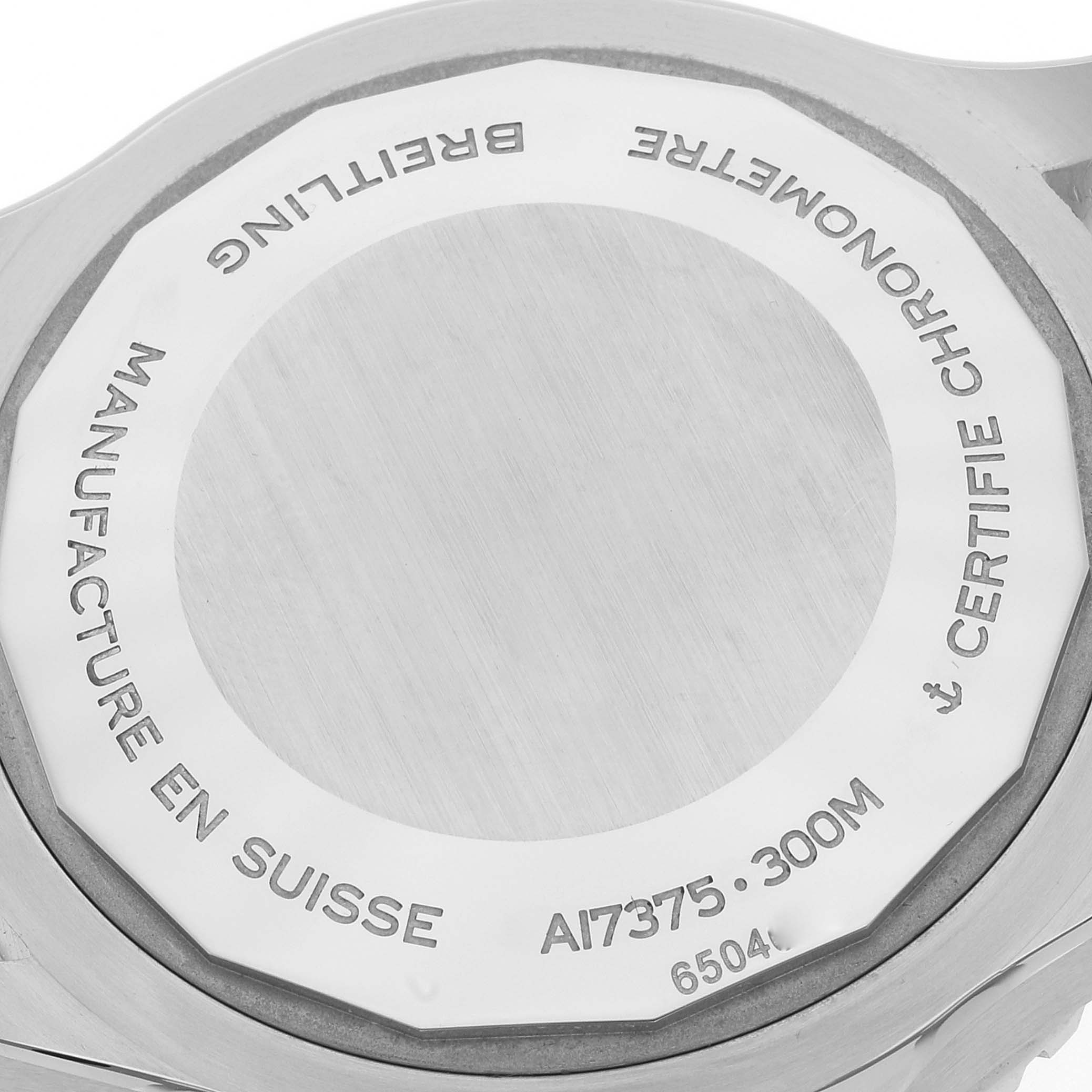 The image shows the back case of a Breitling Superocean A17375 Men's Stainless Steel Black Dial A17375 Men's Stainless Steel Black Dial watch, displaying its specifications and certifications.