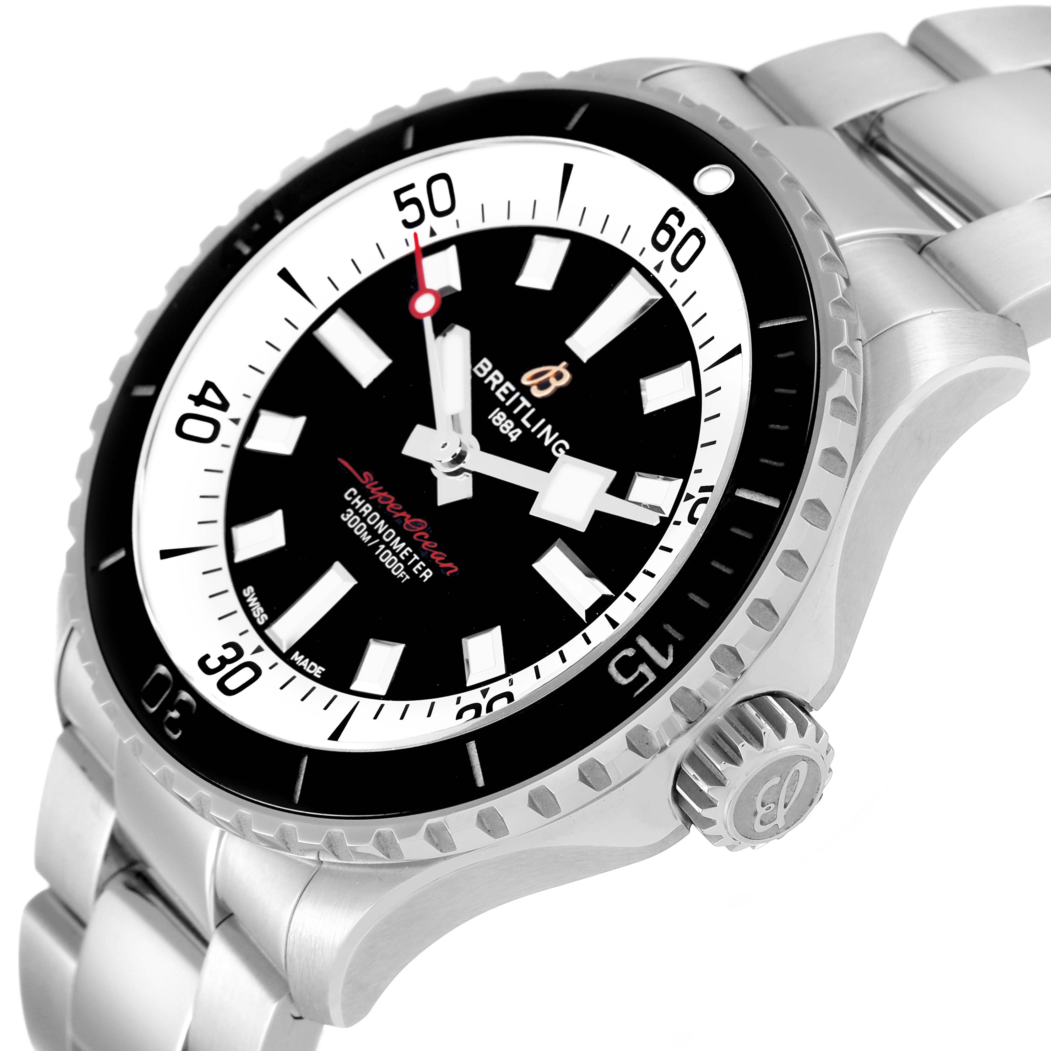 The image shows a Breitling Superocean A17375 Men's Stainless Steel Black Dial A17375 Men's Stainless Steel Black Dial watch at an angle highlighting its face, bezel, crown, and part of its bracelet.
