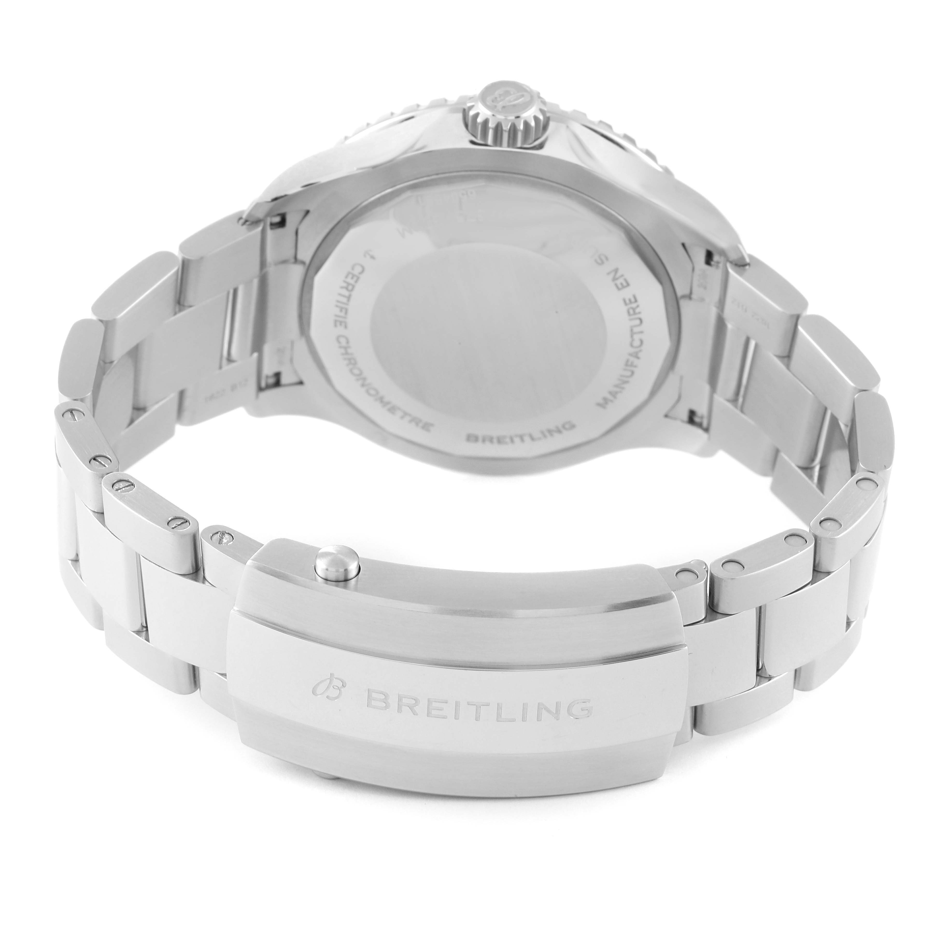 The image shows the back and clasp of a Breitling Superocean A17375 Men's Stainless Steel Black Dial A17375 Men's Stainless Steel Black Dial watch, emphasizing the bracelet and caseback.