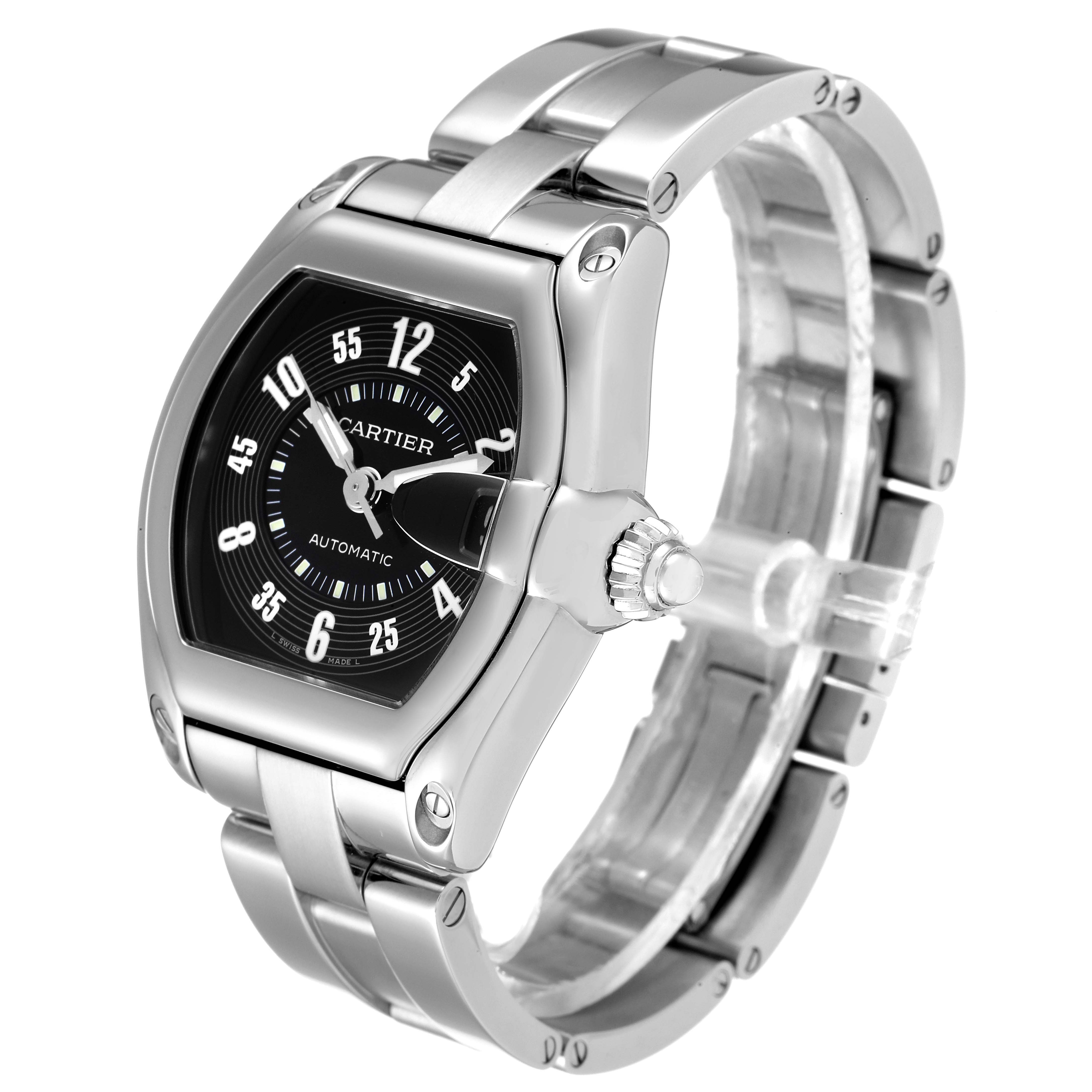 This Cartier Roadster W62004V3 Men's Stainless Steel Black Dial W62004V3 Men's Stainless Steel Black Dial watch is shown from a three-quarter angle, displaying the face, crown, and bracelet.