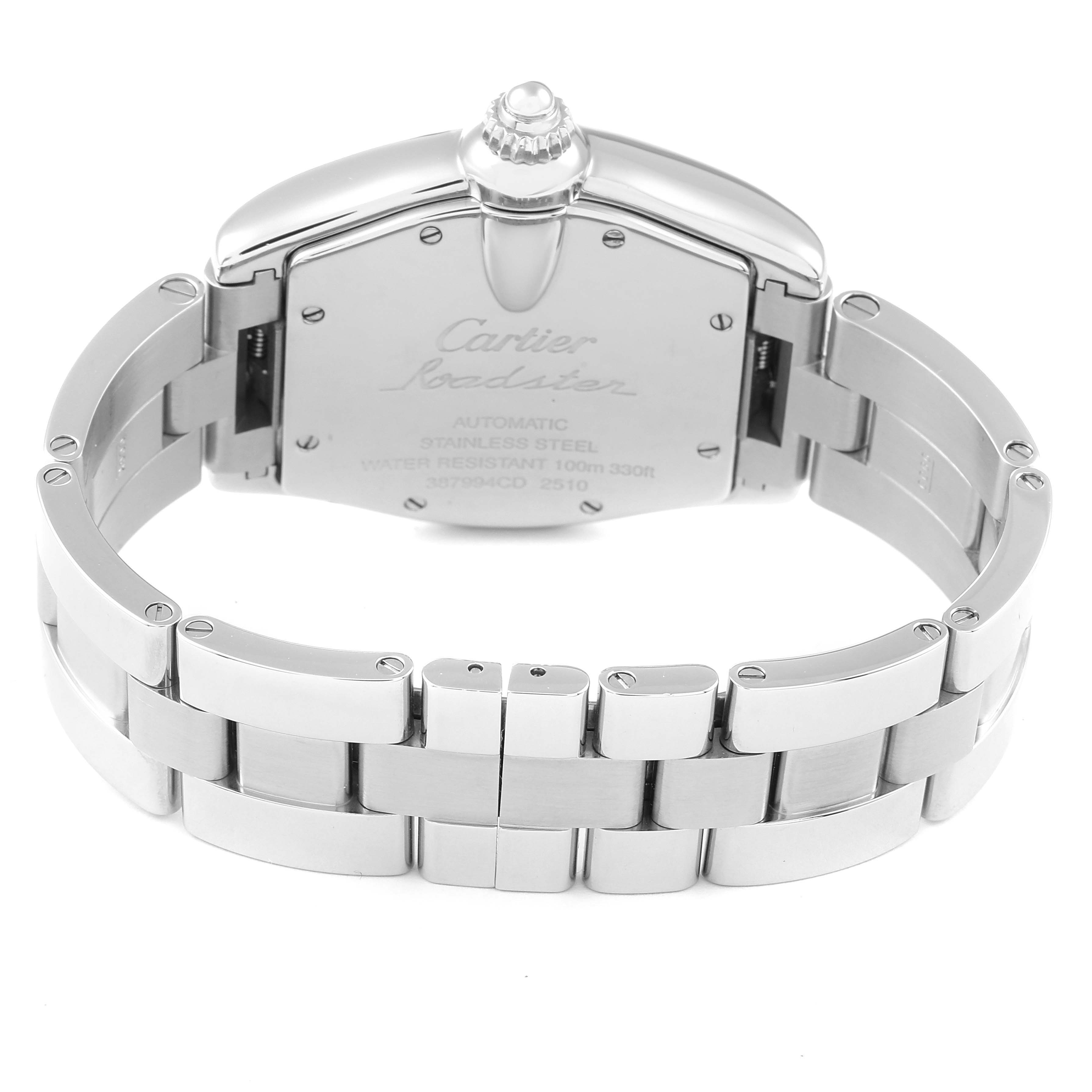 The image shows the backside and bracelet of the Cartier Roadster W62004V3 Men's Stainless Steel Black Dial W62004V3 Men's Stainless Steel Black Dial watch at a straight-on angle.