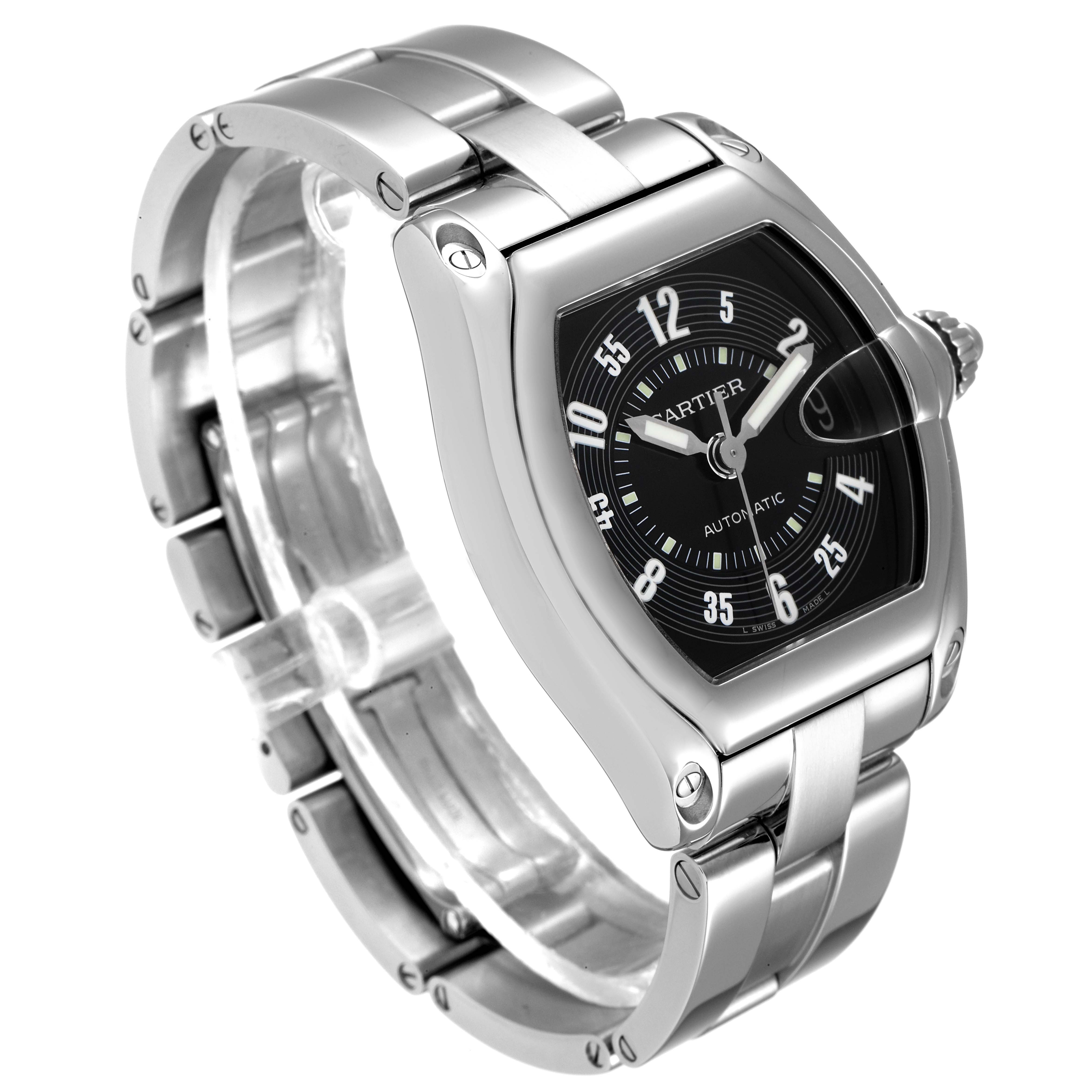 The Cartier Roadster W62004V3 Men's Stainless Steel Black Dial W62004V3 Men's Stainless Steel Black Dial watch is shown at an oblique angle, highlighting its face, bezel, and metal bracelet.