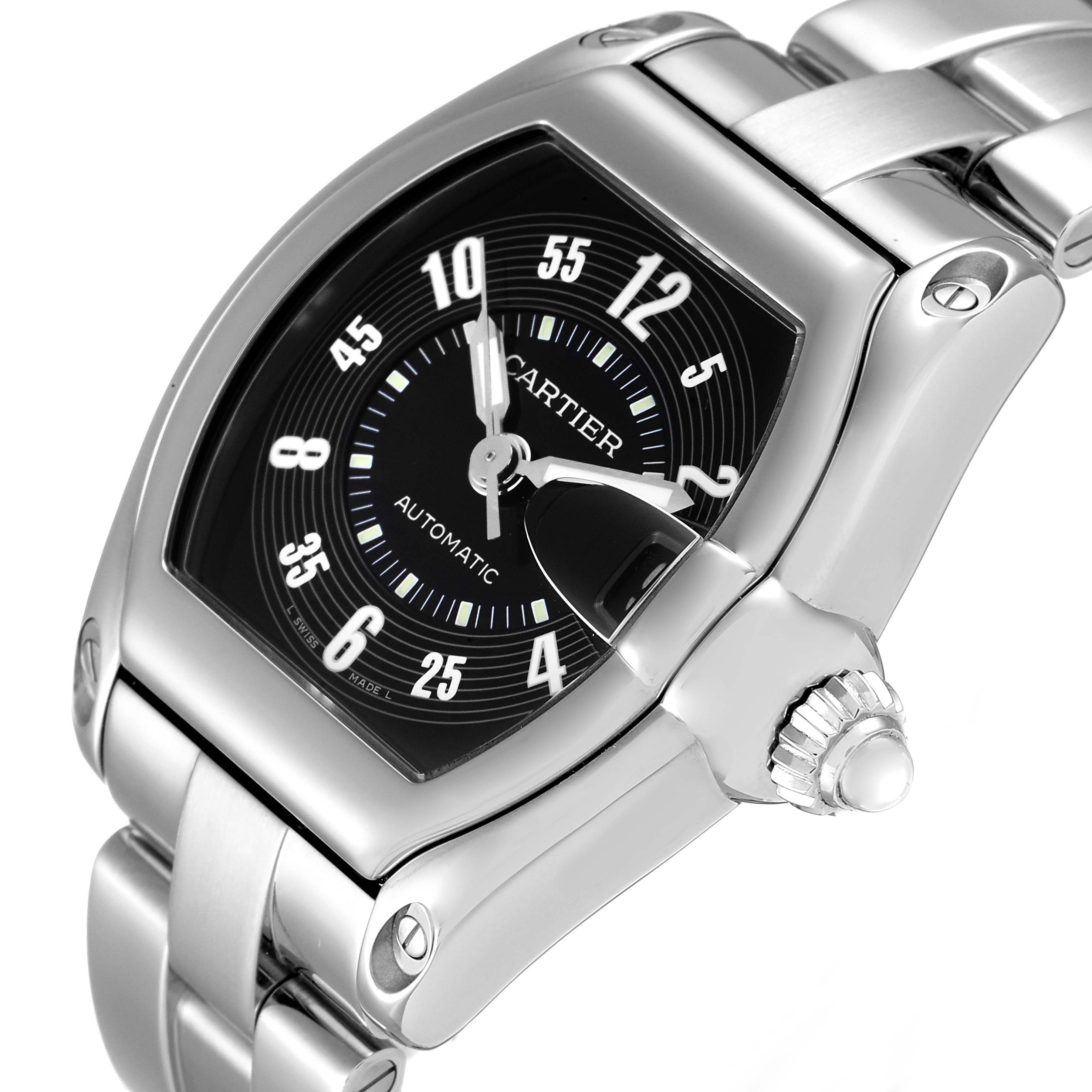 The image shows a close-up view of the Cartier Roadster W62004V3 Men's Stainless Steel Black Dial W62004V3 Men's Stainless Steel Black Dial watch face, bezel, crown, and a portion of the bracelet.