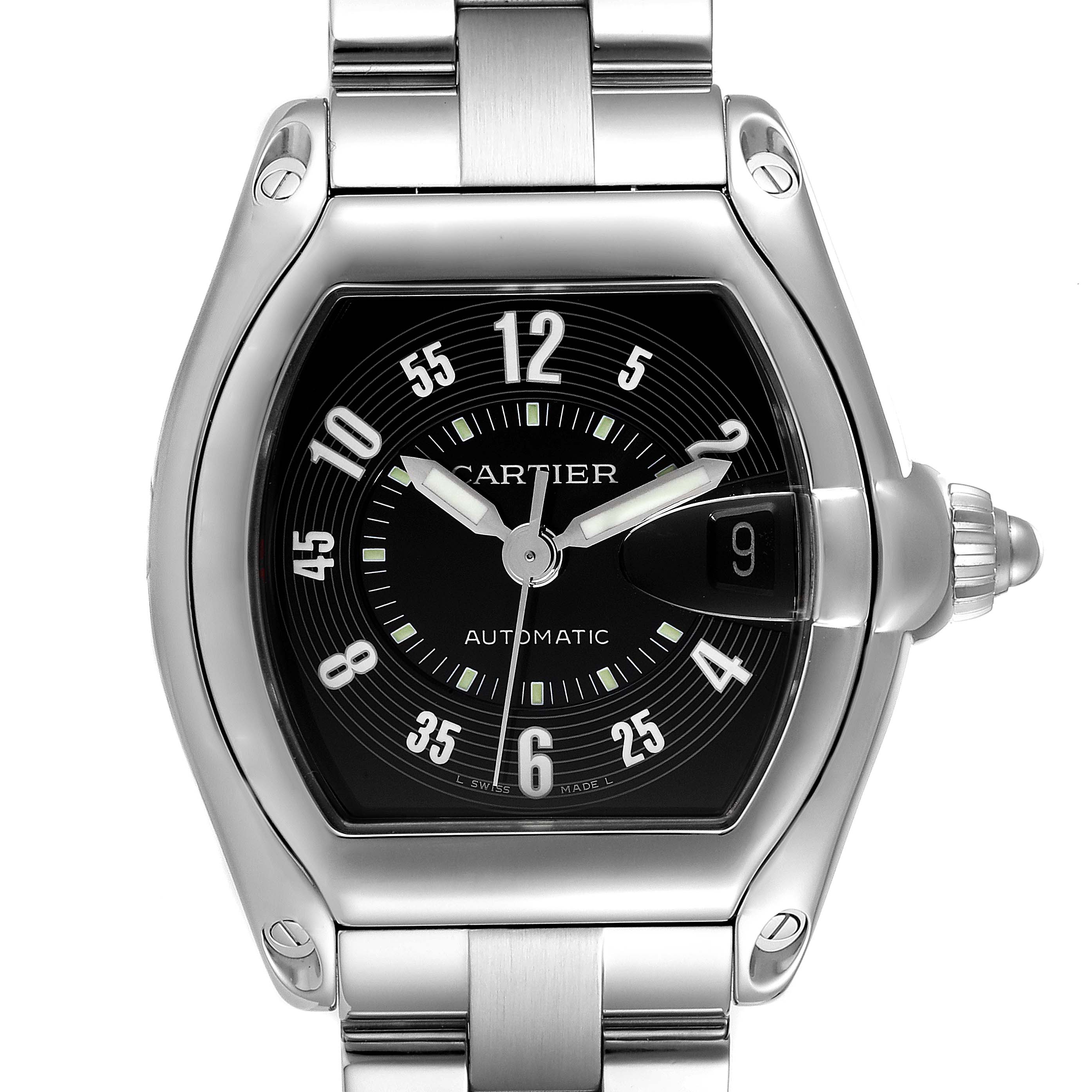 The image shows a top view of the dial and partial bracelet of the Cartier Roadster W62004V3 Men's Stainless Steel Black Dial W62004V3 Men's Stainless Steel Black Dial model watch.