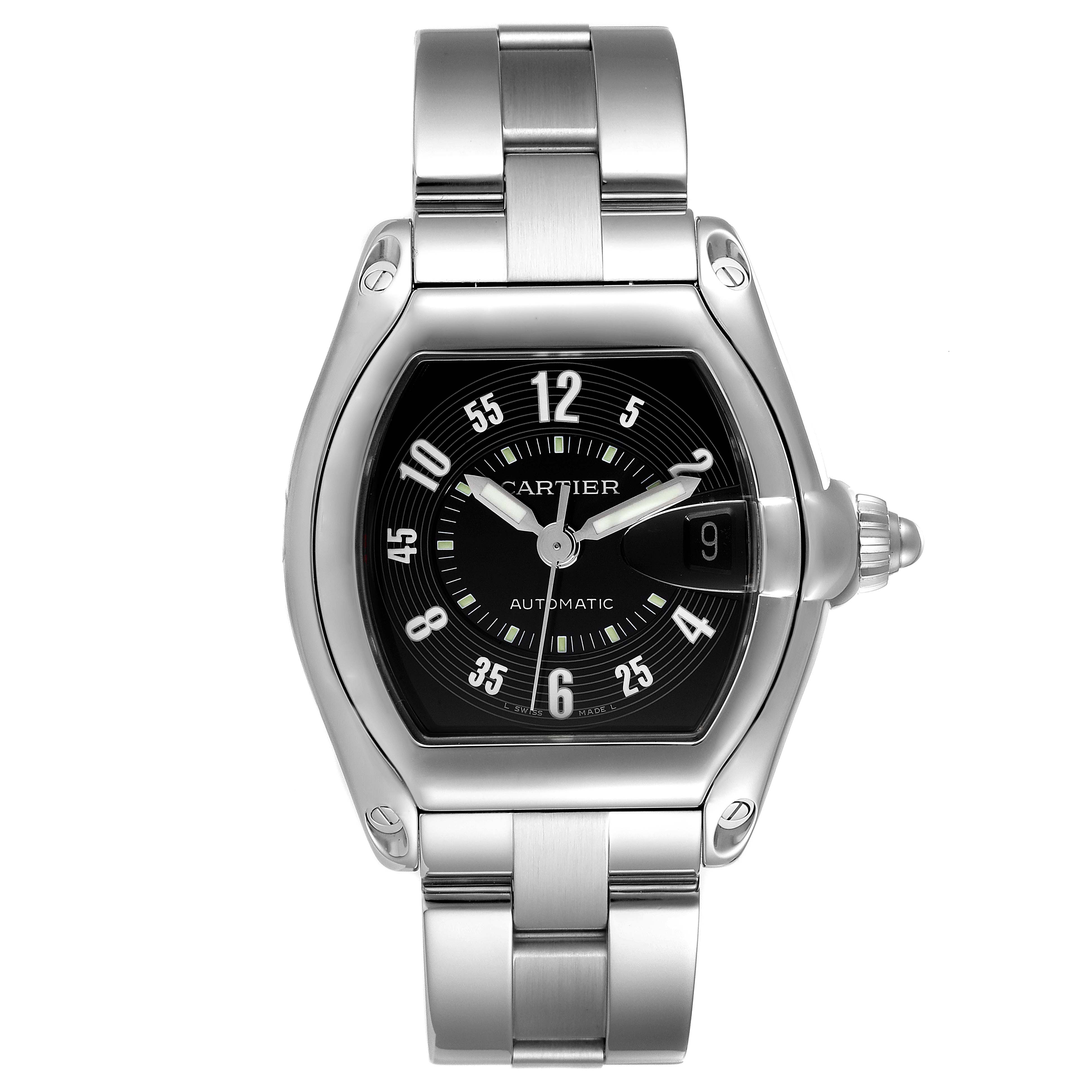 The image shows a frontal view of the Cartier Roadster W62004V3 Men's Stainless Steel Black Dial W62004V3 Men's Stainless Steel Black Dial watch, displaying its dial, hands, date window, and metal bracelet.