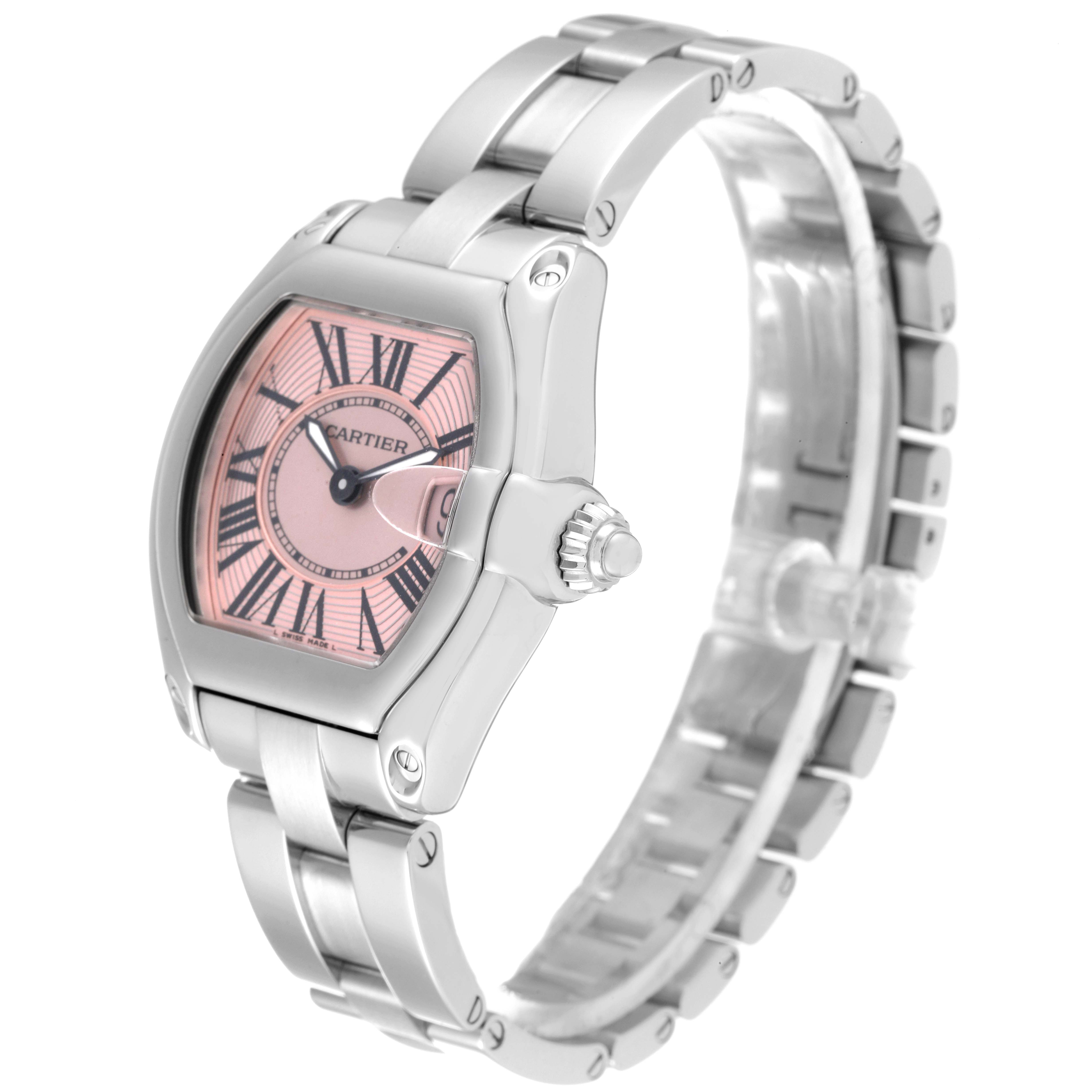 The image shows a Cartier Roadster W62017V3 Women's Stainless Steel Pink Dial W62017V3 Women's Stainless Steel Pink Dial watch at a three-quarter angle, highlighting the case, dial, crown, and bracelet.