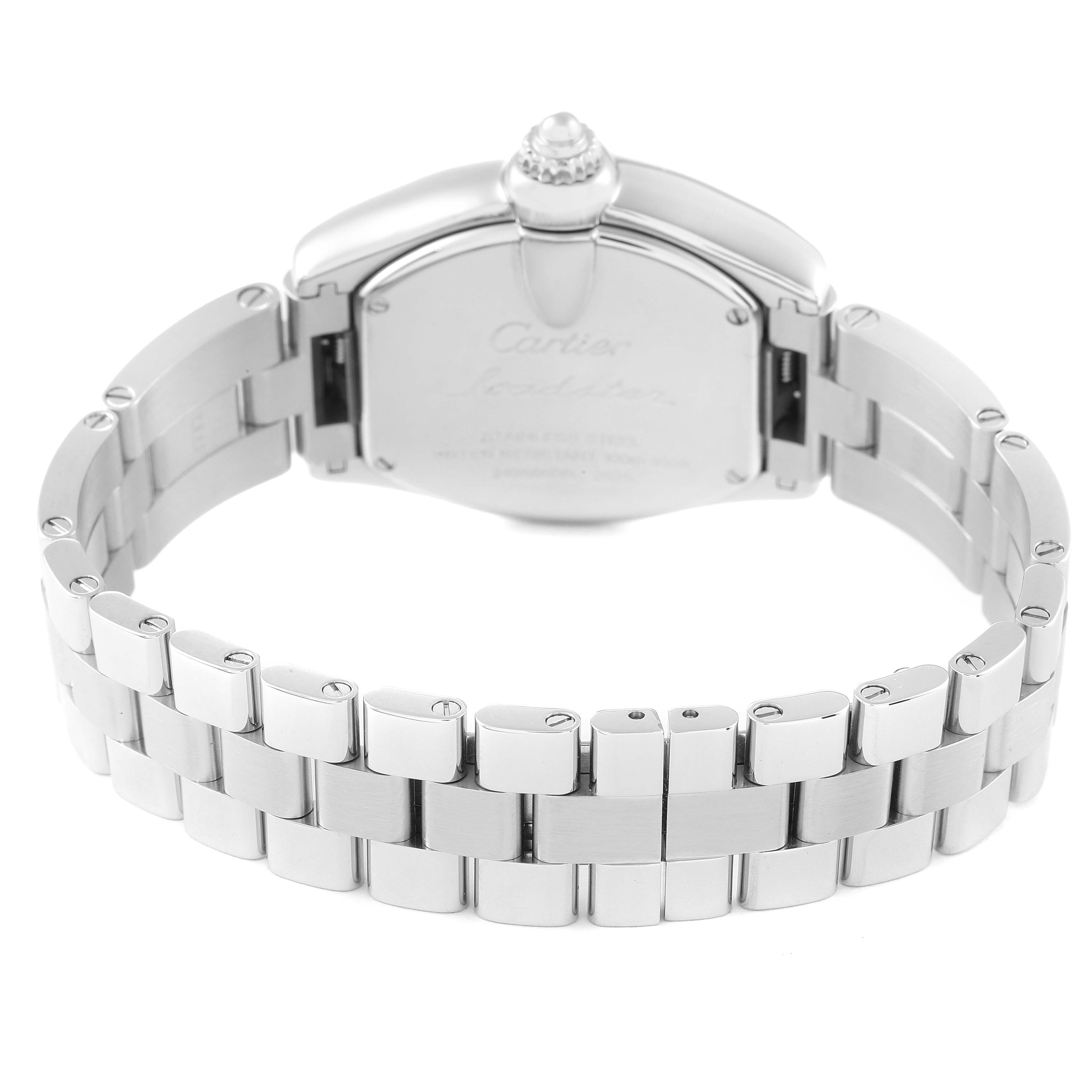 The image shows the back view of a Cartier Roadster W62017V3 Women's Stainless Steel Pink Dial W62017V3 Women's Stainless Steel Pink Dial watch, featuring its stainless steel bracelet and case back.