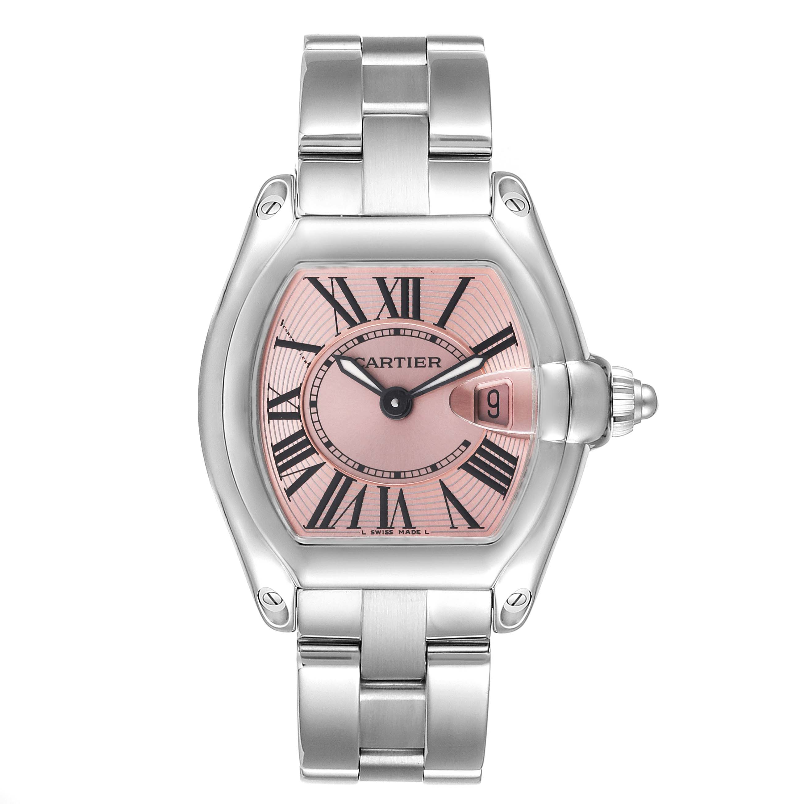This is a front view of a Cartier Roadster W62017V3 Women's Stainless Steel Pink Dial W62017V3 Women's Stainless Steel Pink Dial watch, showing the face, dial, bracelet, and crown.