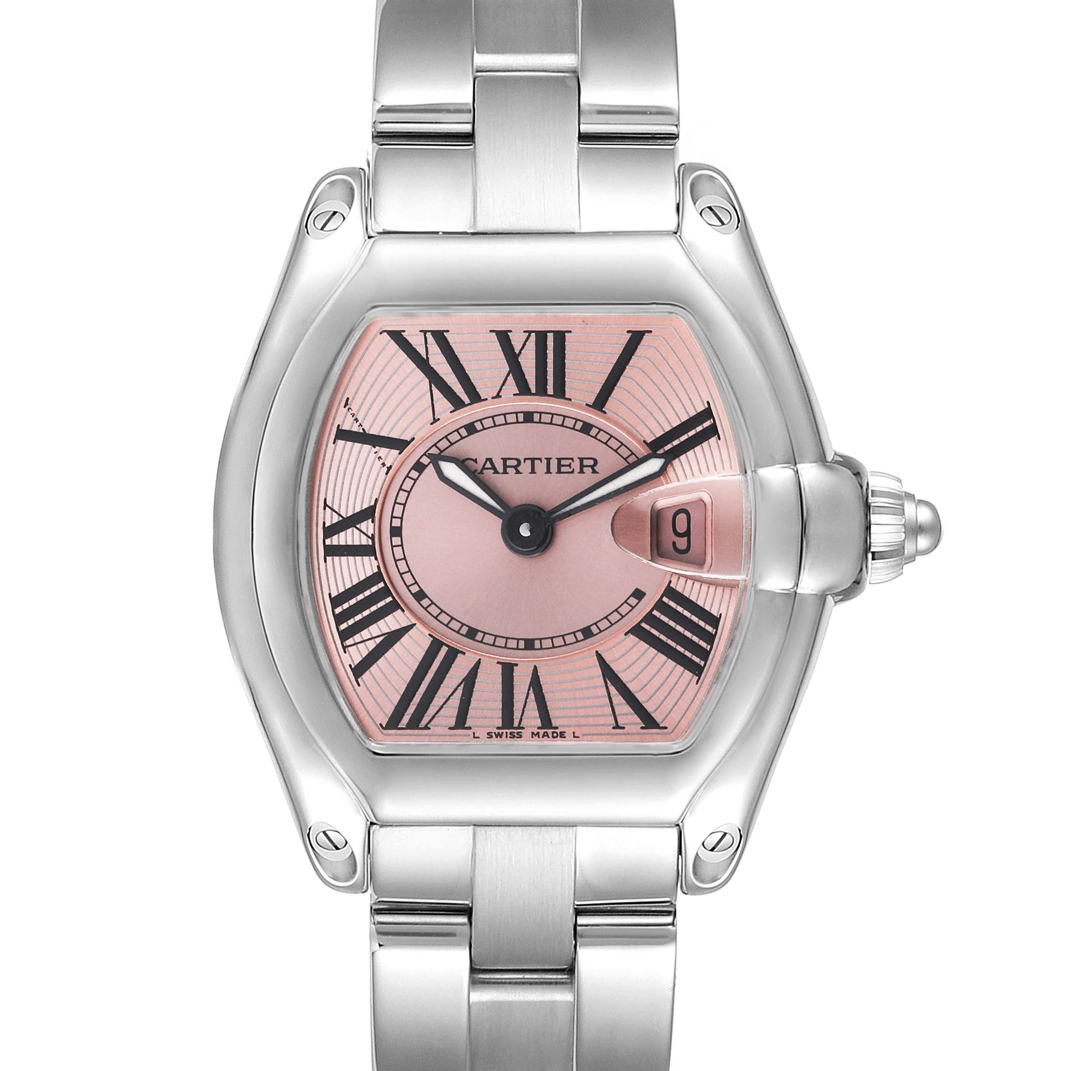 This is a front view of a Cartier Roadster W62017V3 Women's Stainless Steel Pink Dial W62017V3 Women's Stainless Steel Pink Dial watch showing the face, case, crown, and part of the bracelet.