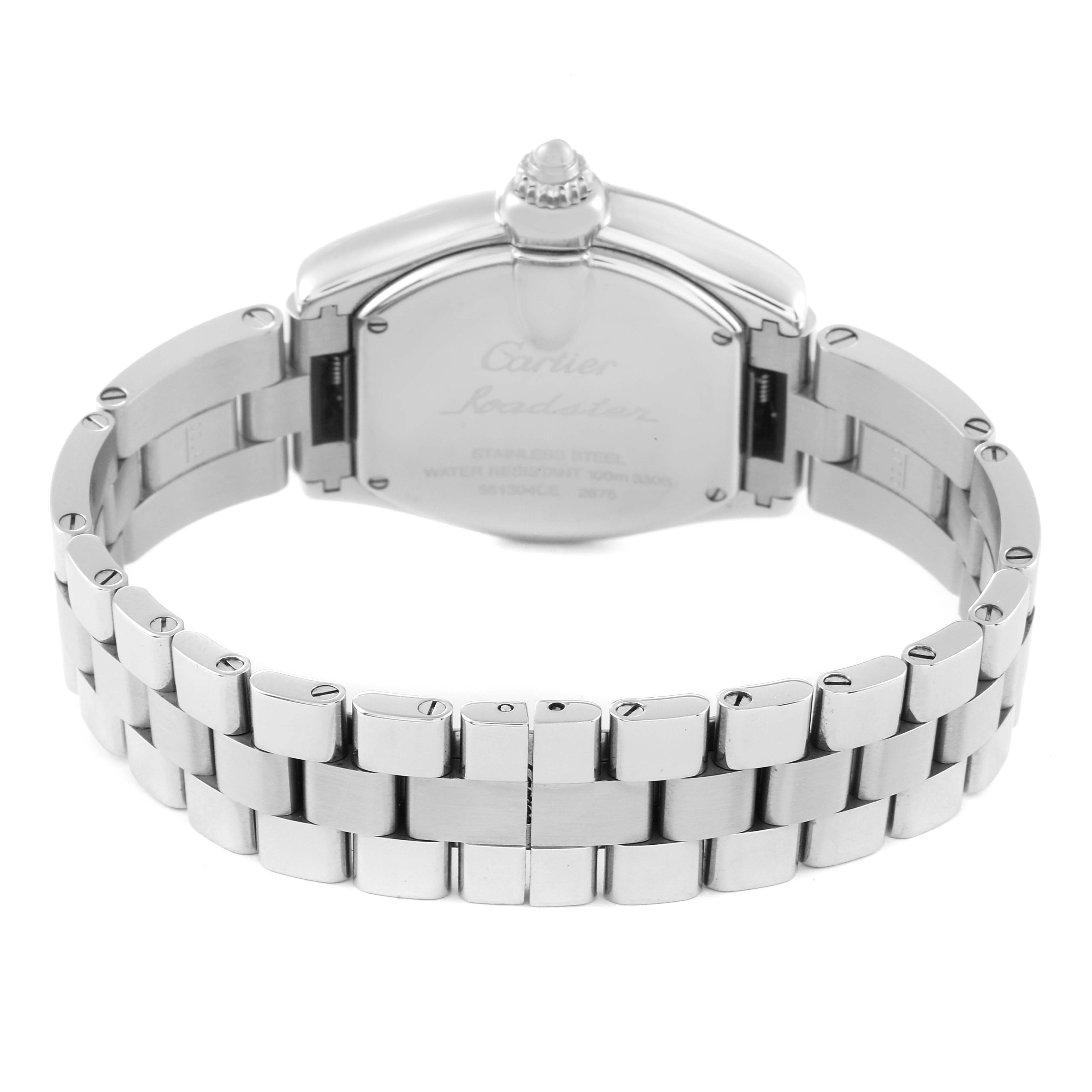 The image shows the back view of the Cartier Roadster W62017V3 Women's Stainless Steel Pink Dial W62017V3 Women's Stainless Steel Pink Dial watch, highlighting the stainless steel case and bracelet.