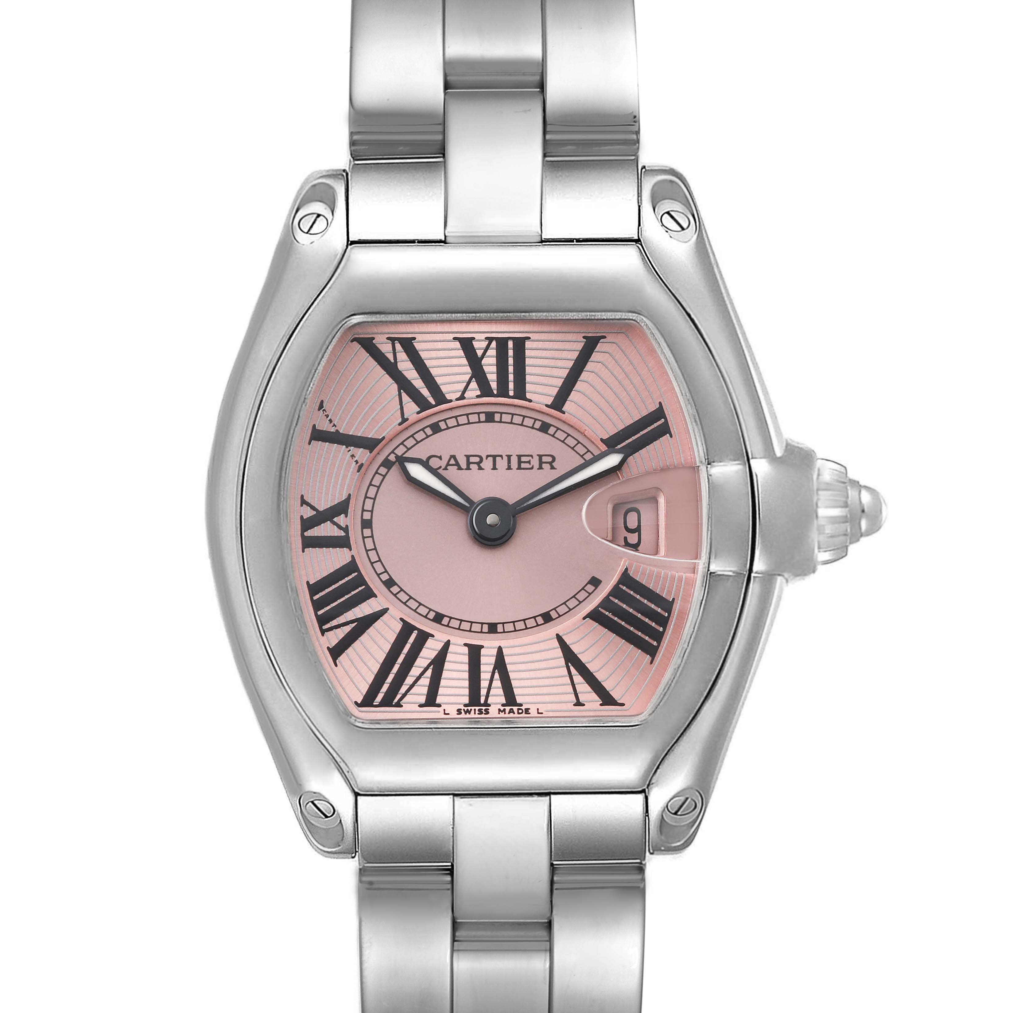 The image shows a Cartier Roadster W62017V3 Women's Stainless Steel Pink Dial W62017V3 Women's Stainless Steel Pink Dial watch front view featuring the face, bezel, and part of the bracelet.