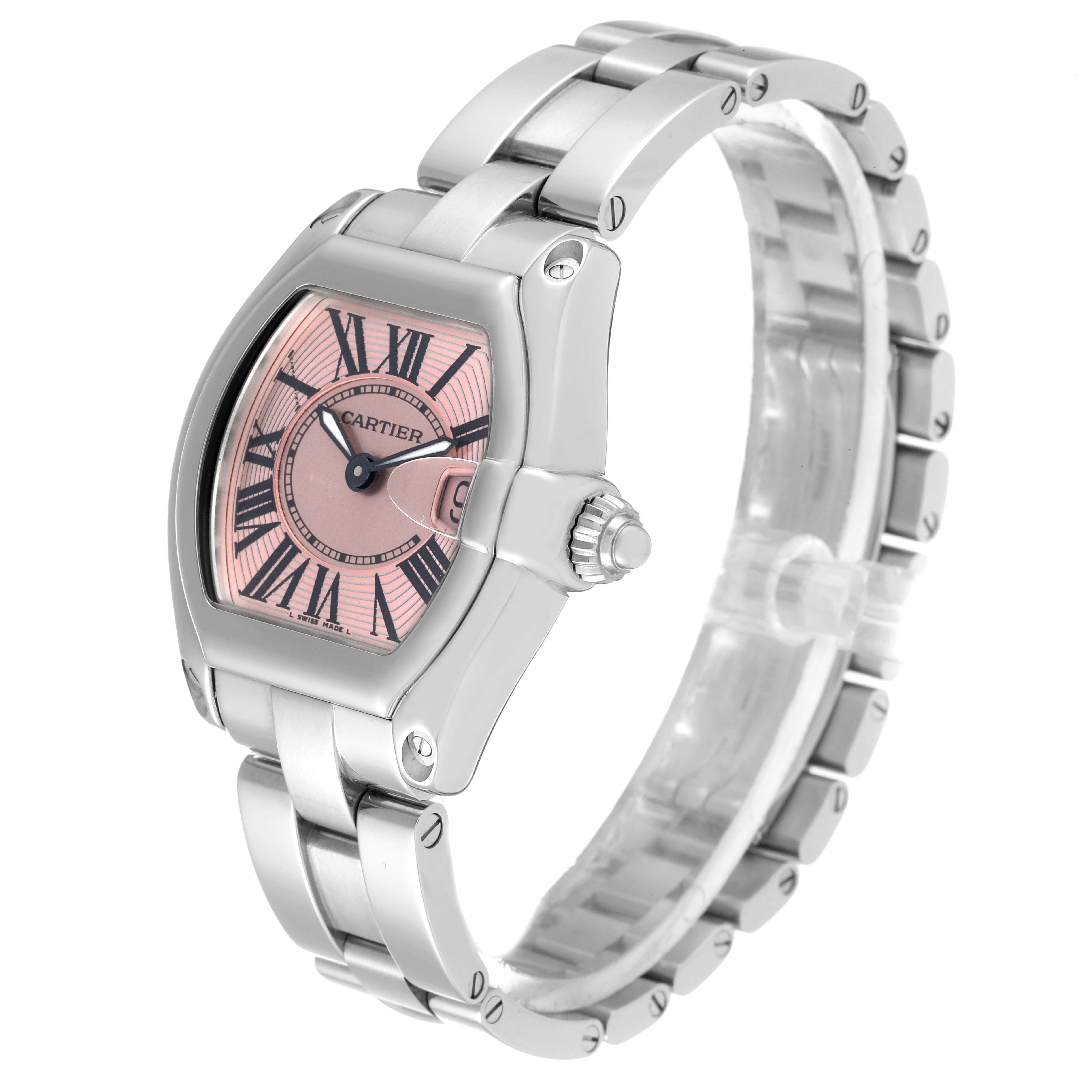 The Cartier Roadster W62017V3 Women's Stainless Steel Pink Dial W62017V3 Women's Stainless Steel Pink Dial watch is shown at a slight left side angle, displaying the face, dial, crown, and metal bracelet.