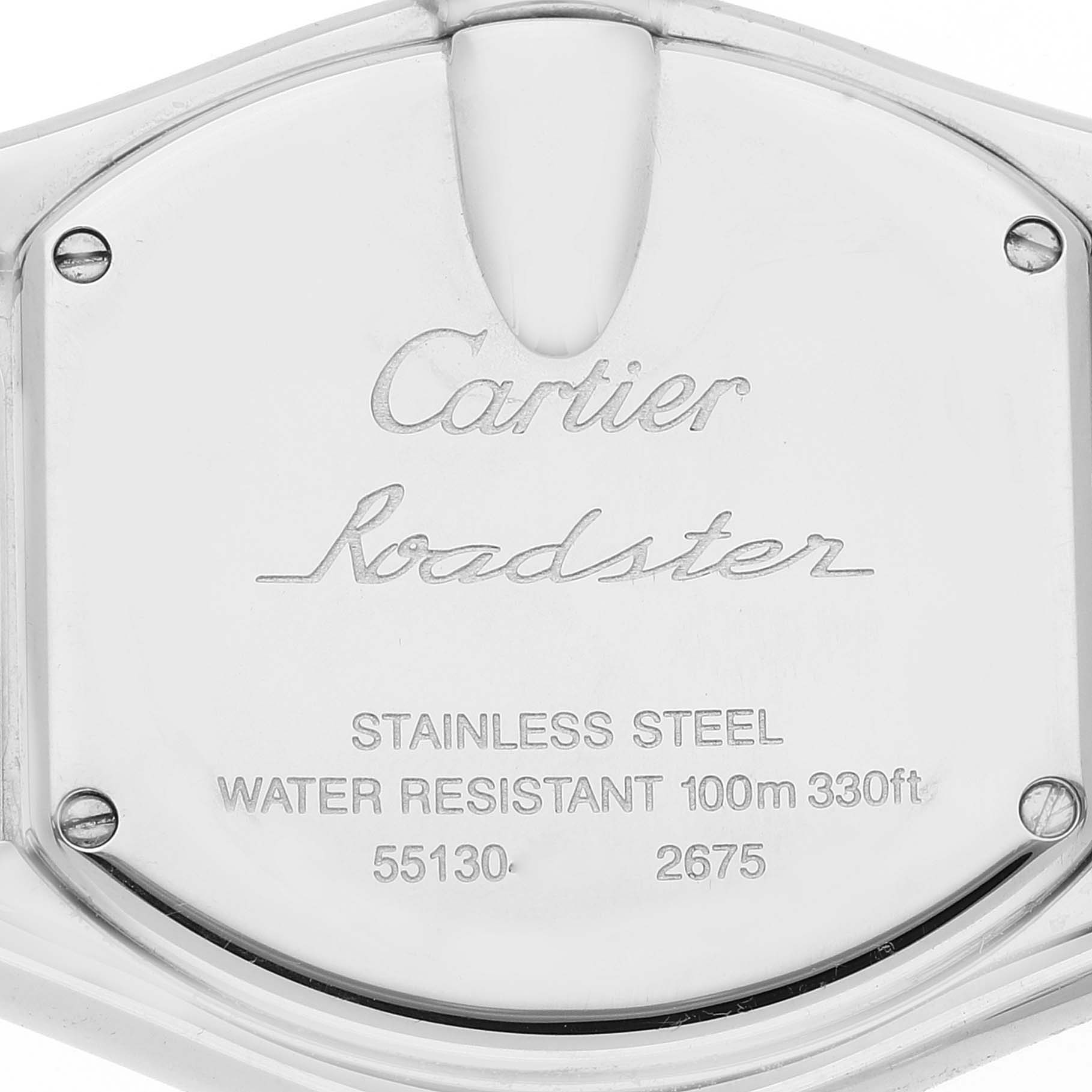 This image shows the back casing of a Cartier Roadster W62017V3 Women's Stainless Steel Pink Dial W62017V3 Women's Stainless Steel Pink Dial watch in a close-up view.